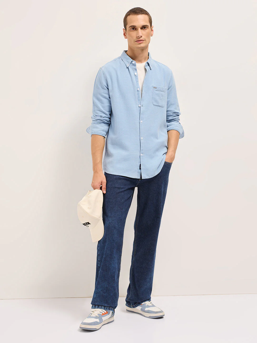 Men Light Blue Woven Self-Design Denim Cotton Slim Fit Casual Shirt - Image 4