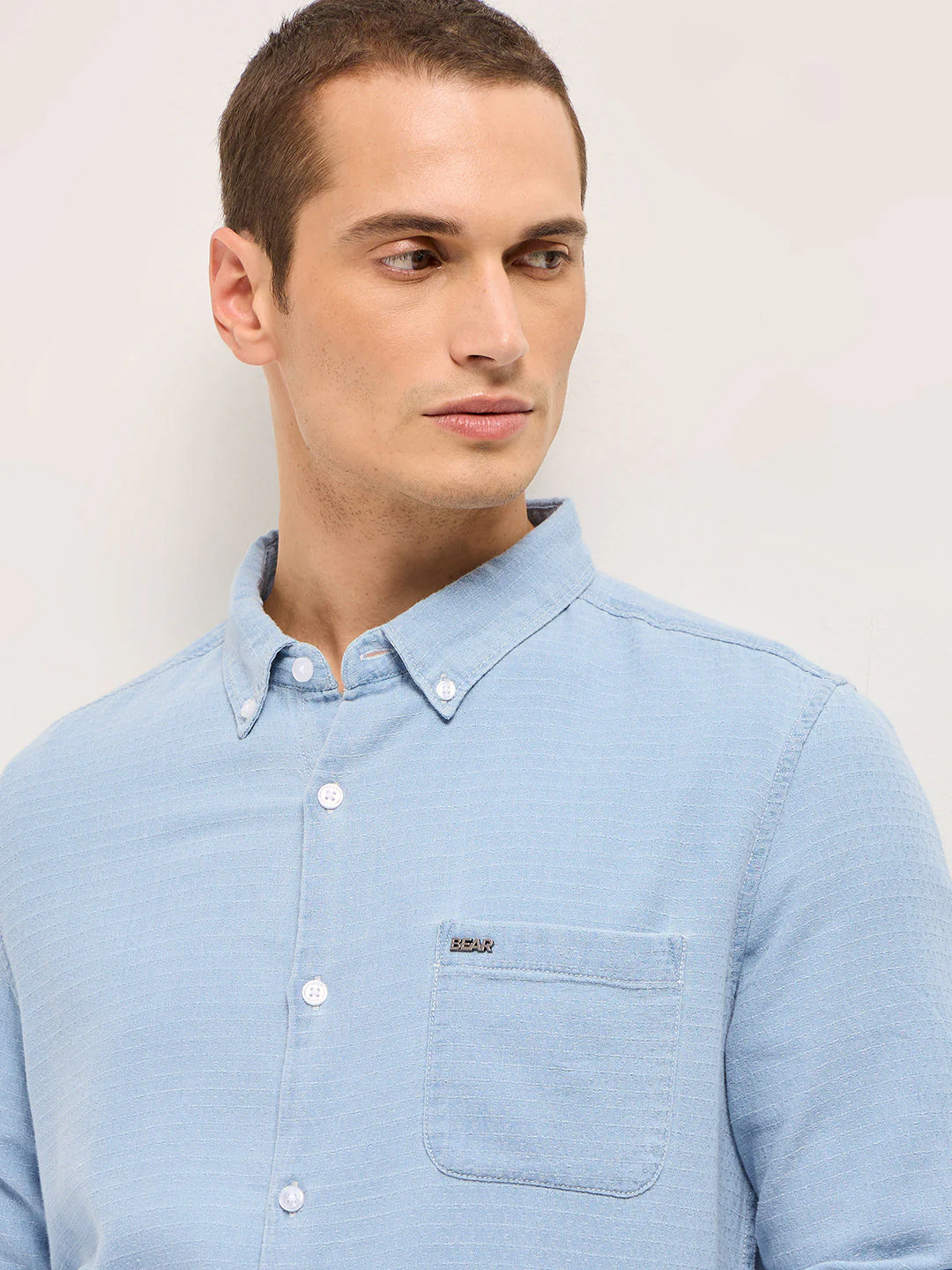 Men Light Blue Woven Self-Design Denim Cotton Slim Fit Casual Shirt - Image 5