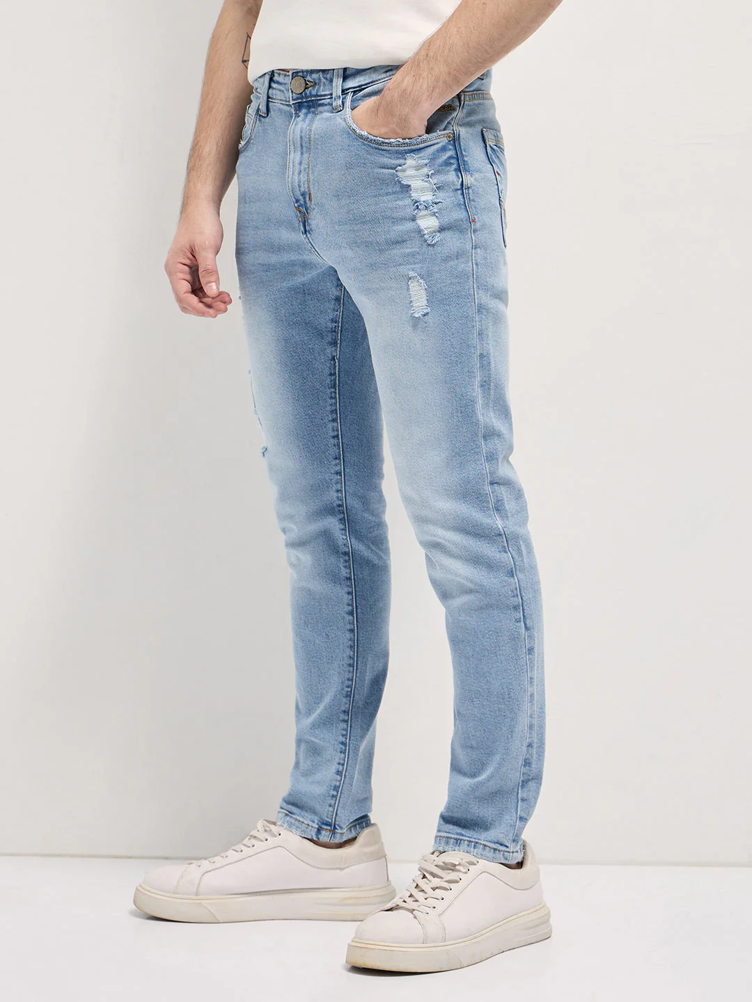 Men Light BlueLight Fade Distressed Patch Mid-Rise Relaxed Fit Jeans - Image 3