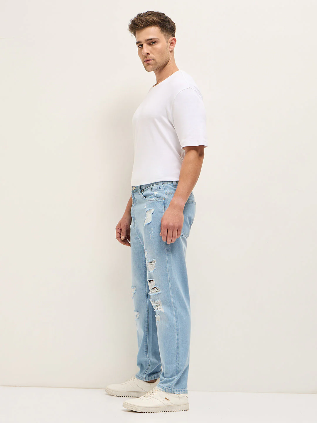 Men Light BlueLight Fade High Distressed Mid-Rise Relaxed Fit Jeans - Image 3