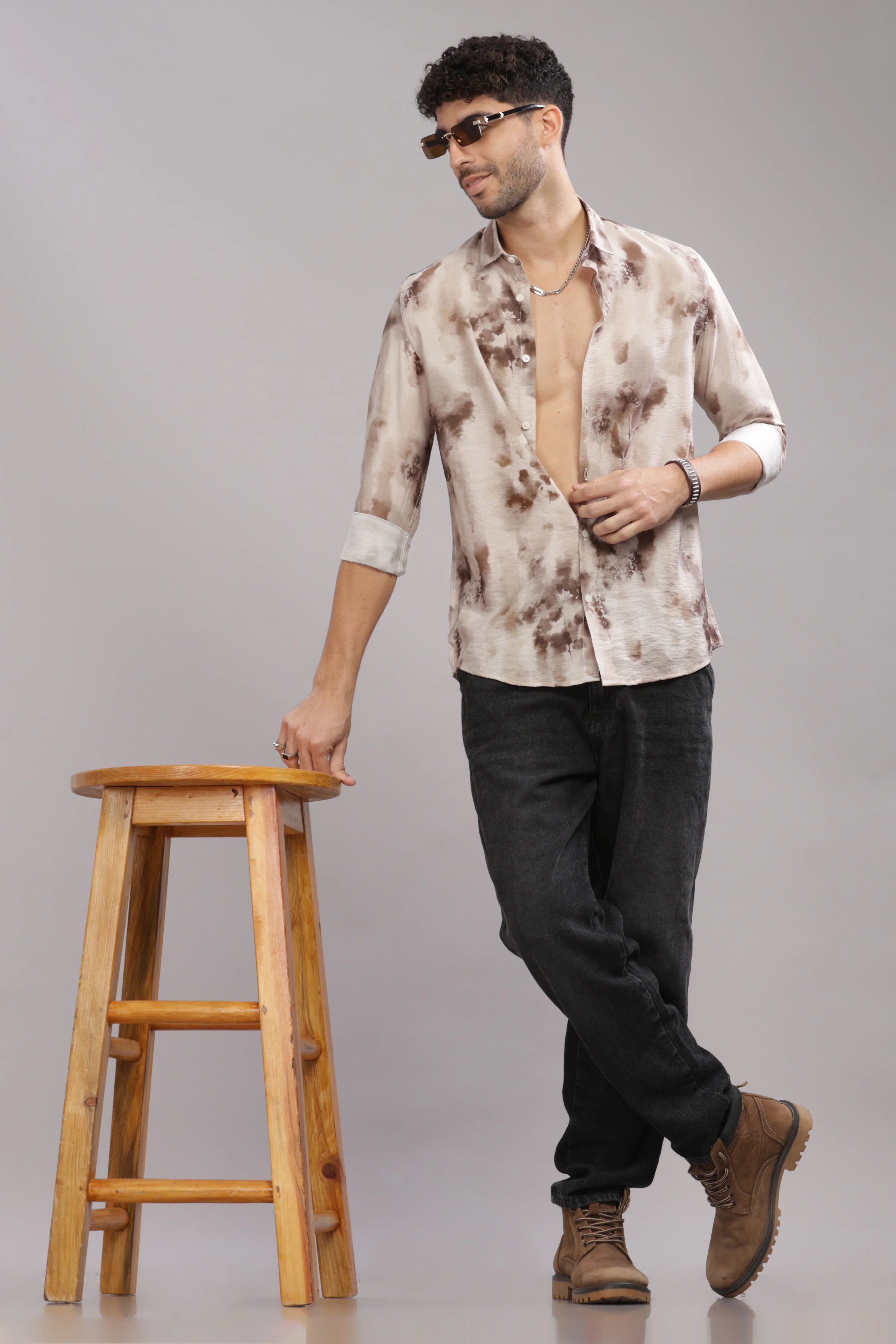 Men Light Brown Slim Fit Shirt - Image 3