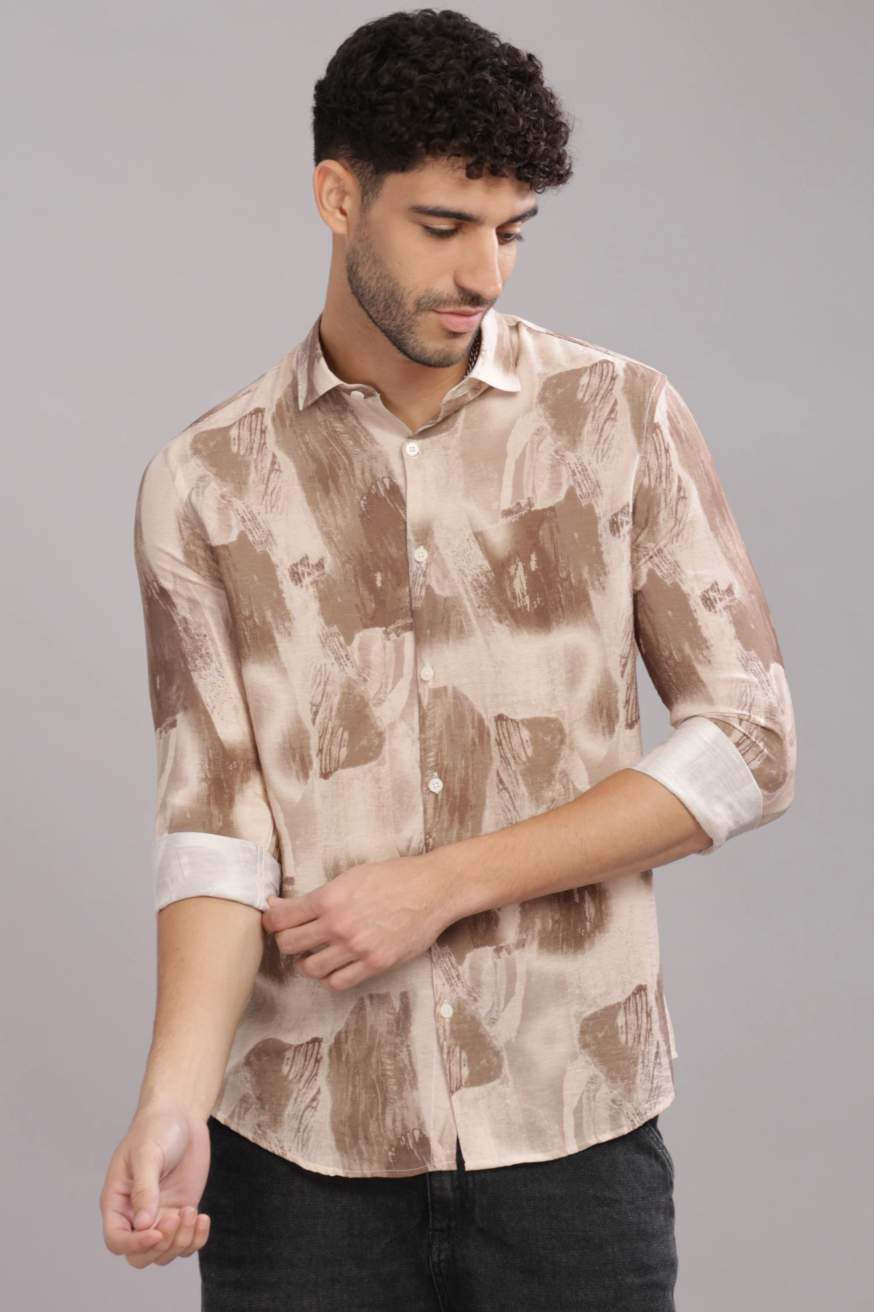 Men Light Brown Slim Fit Shirt - Image 4