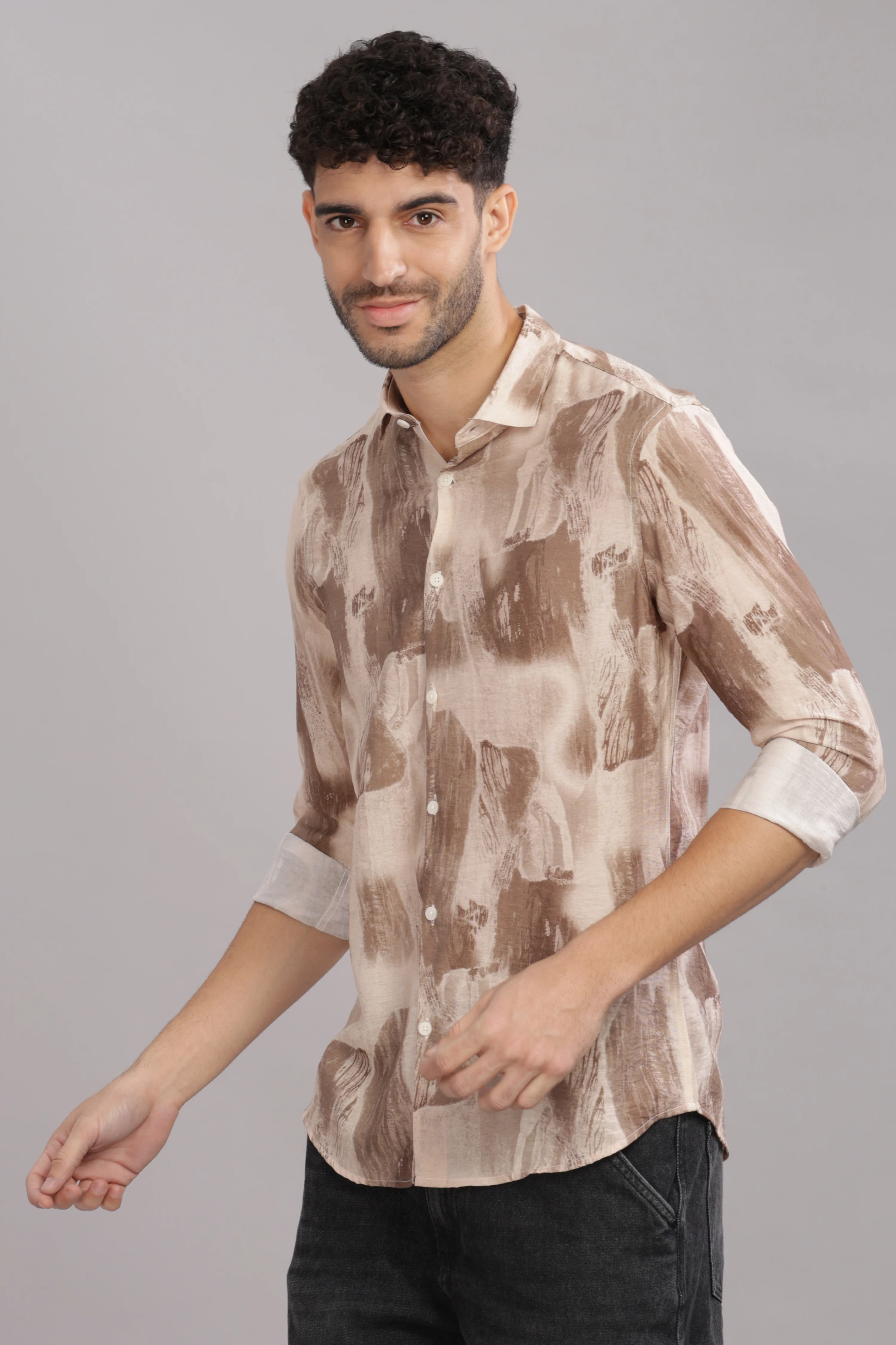 Men Light Brown Slim Fit Shirt - Image 5