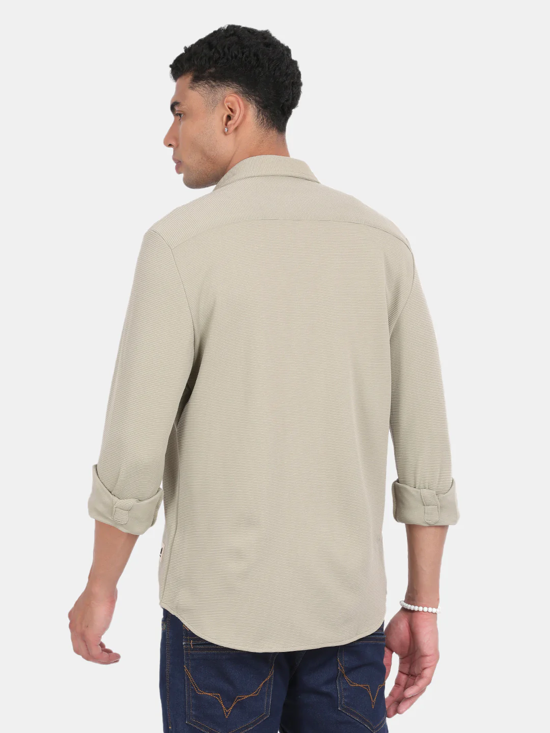 Men Light Cream Slim Fit Spread Collar Full Sleeve Casual Shirt - Image 2