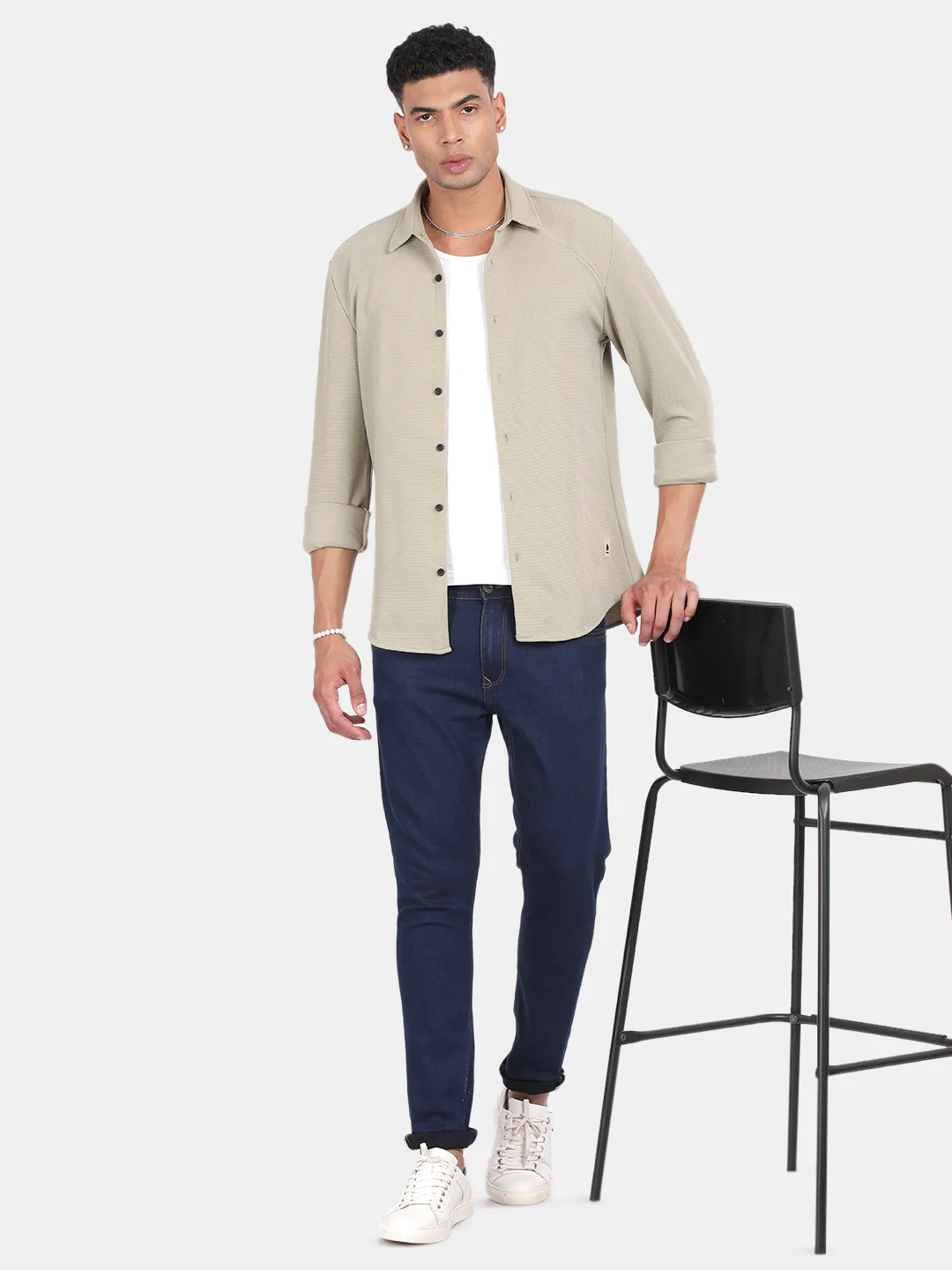 Men Light Cream Slim Fit Spread Collar Full Sleeve Casual Shirt - Image 3