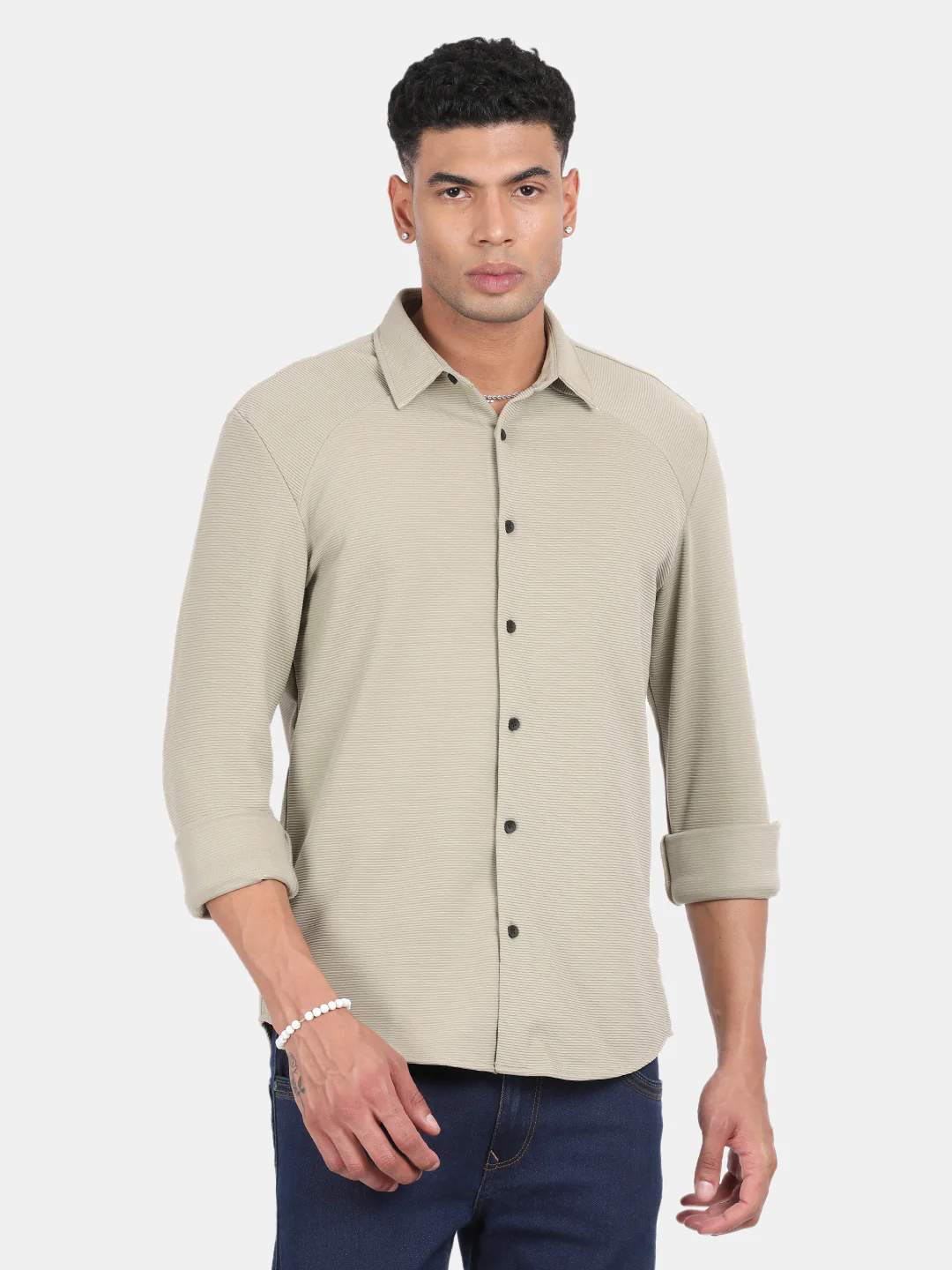 Men Light Cream Slim Fit Spread Collar Full Sleeve Casual Shirt - Image 4