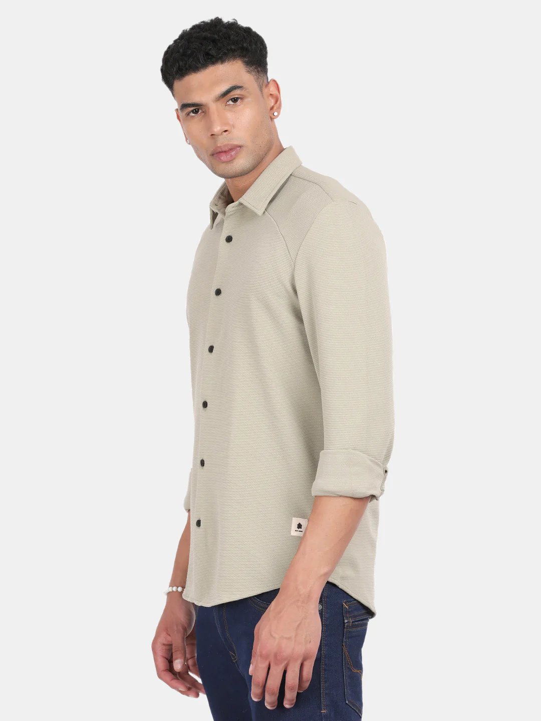 Men Light Cream Slim Fit Spread Collar Full Sleeve Casual Shirt - Image 5