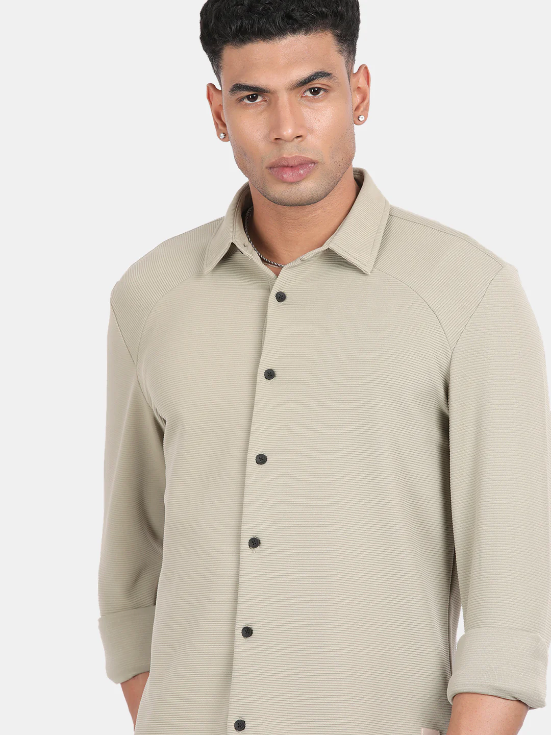 Men Light Cream Slim Fit Spread Collar Full Sleeve Casual Shirt - Image 6