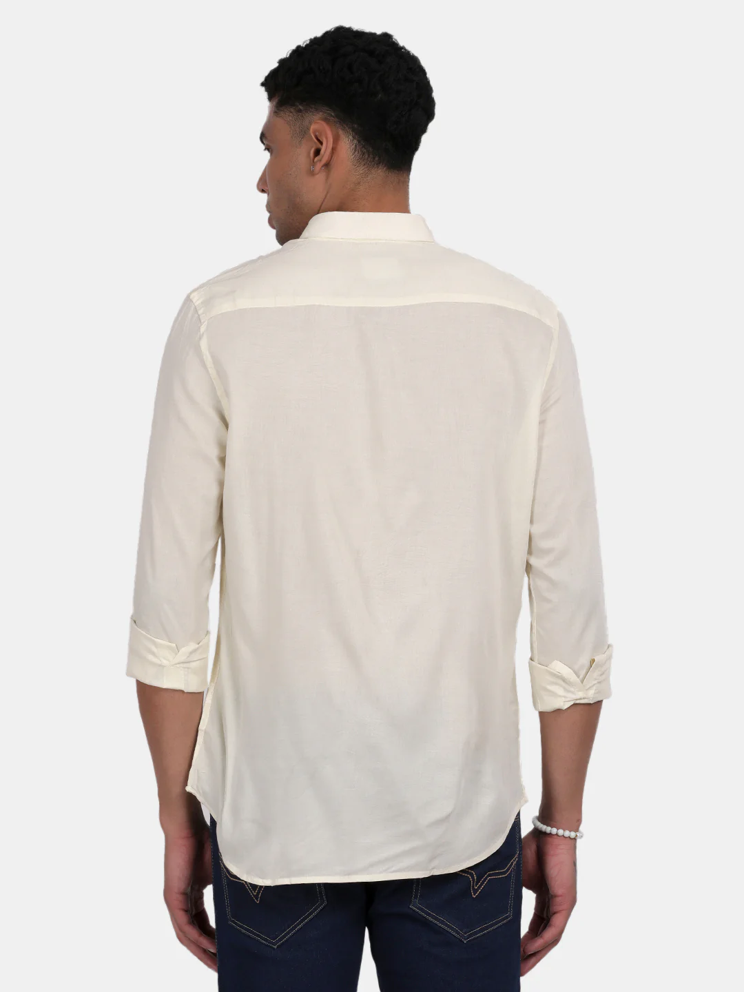 Men Light Cream Slim Fit Spread Collar Full Sleeve Casual Shirt - Image 2