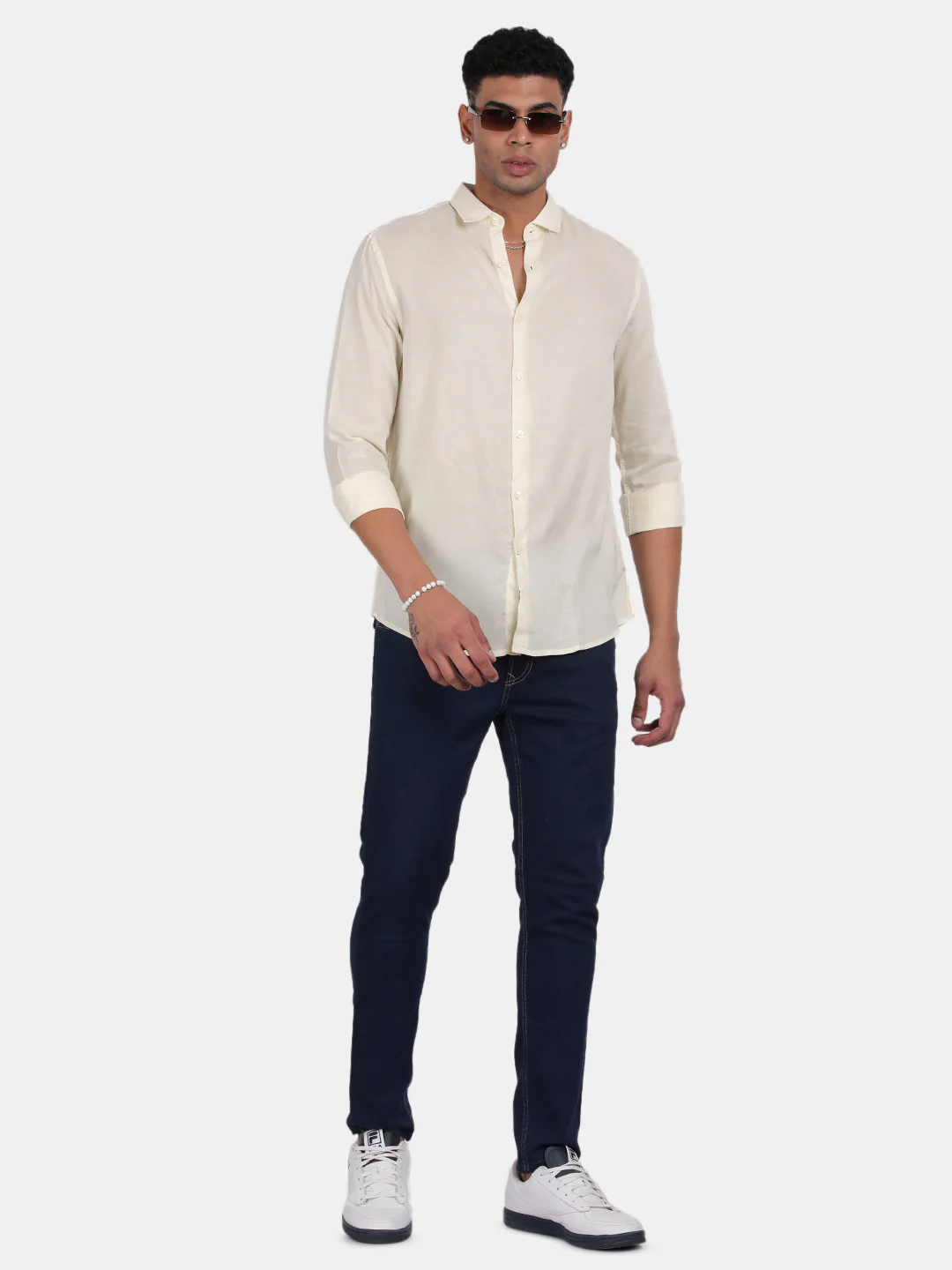 Men Light Cream Slim Fit Spread Collar Full Sleeve Casual Shirt - Image 3