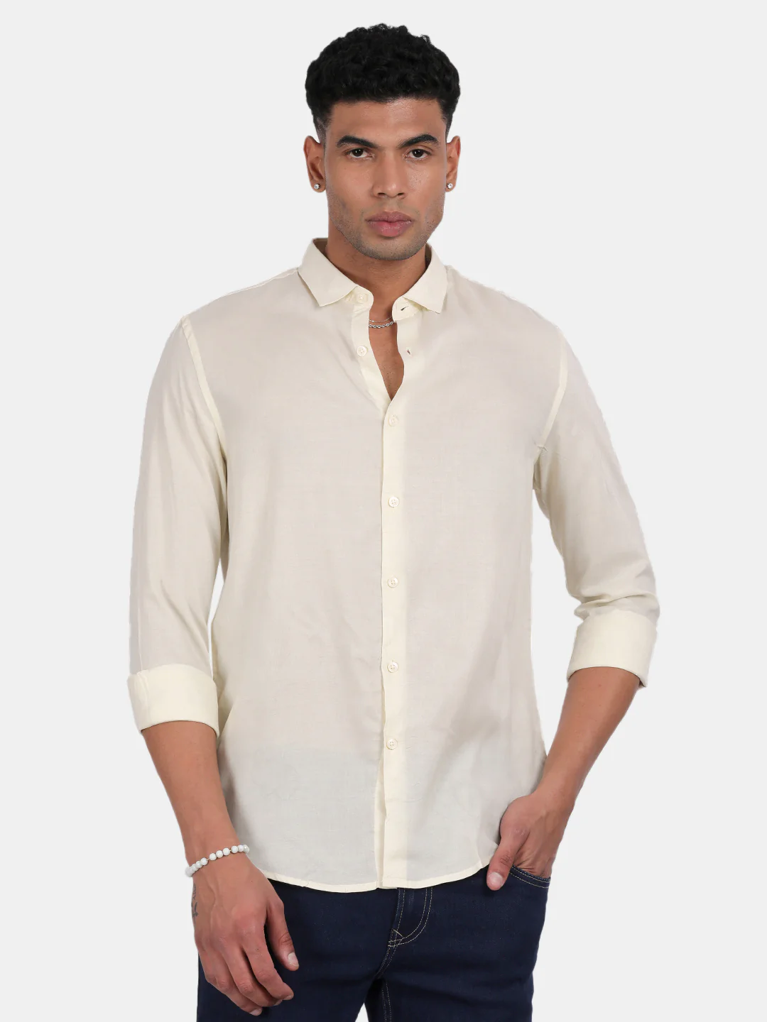 Men Light Cream Slim Fit Spread Collar Full Sleeve Casual Shirt - Image 4