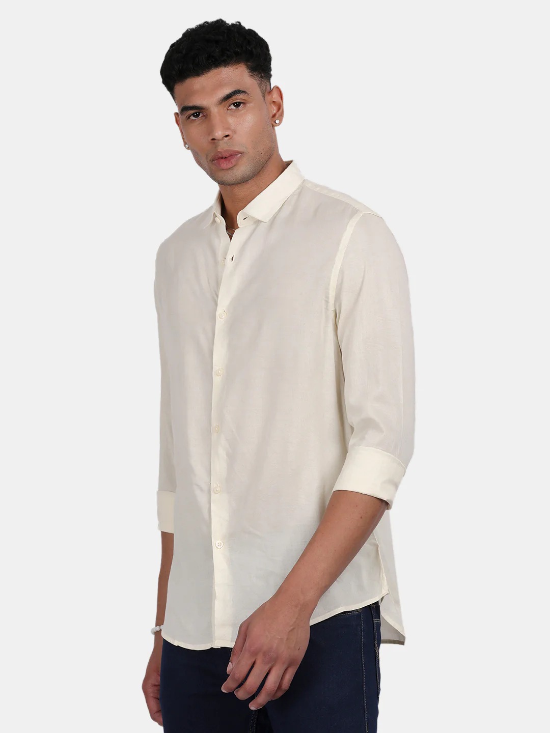 Men Light Cream Slim Fit Spread Collar Full Sleeve Casual Shirt - Image 5