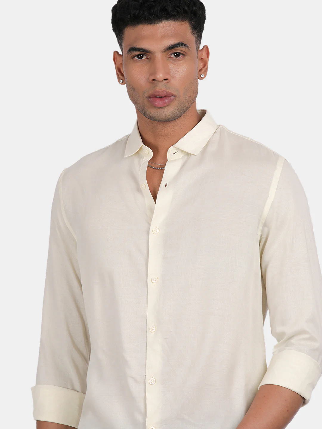 Men Light Cream Slim Fit Spread Collar Full Sleeve Casual Shirt - Image 6