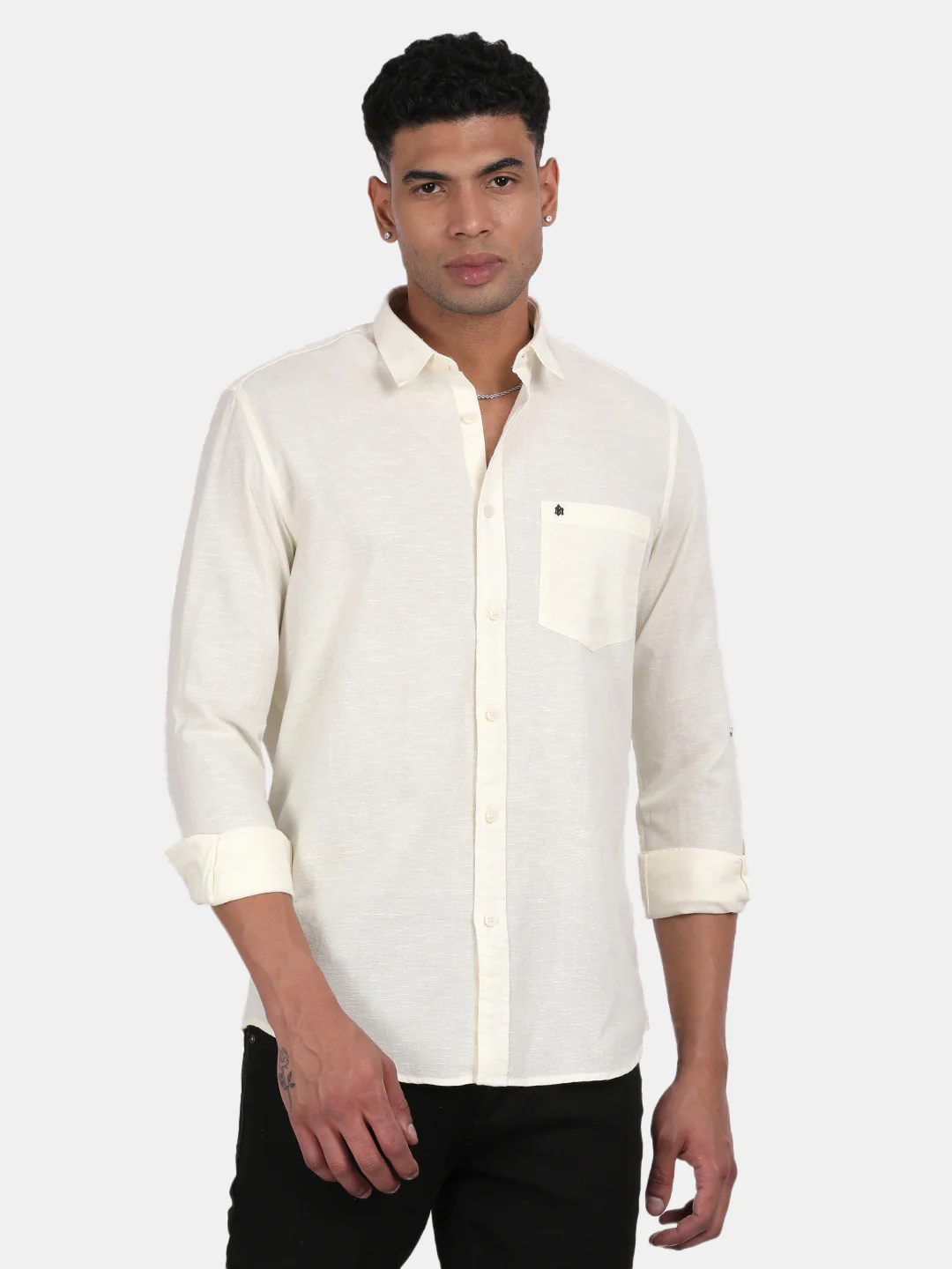 Men Light cream Slim Fit Spread Collar Full Sleeve Casual Shirt - Image 2