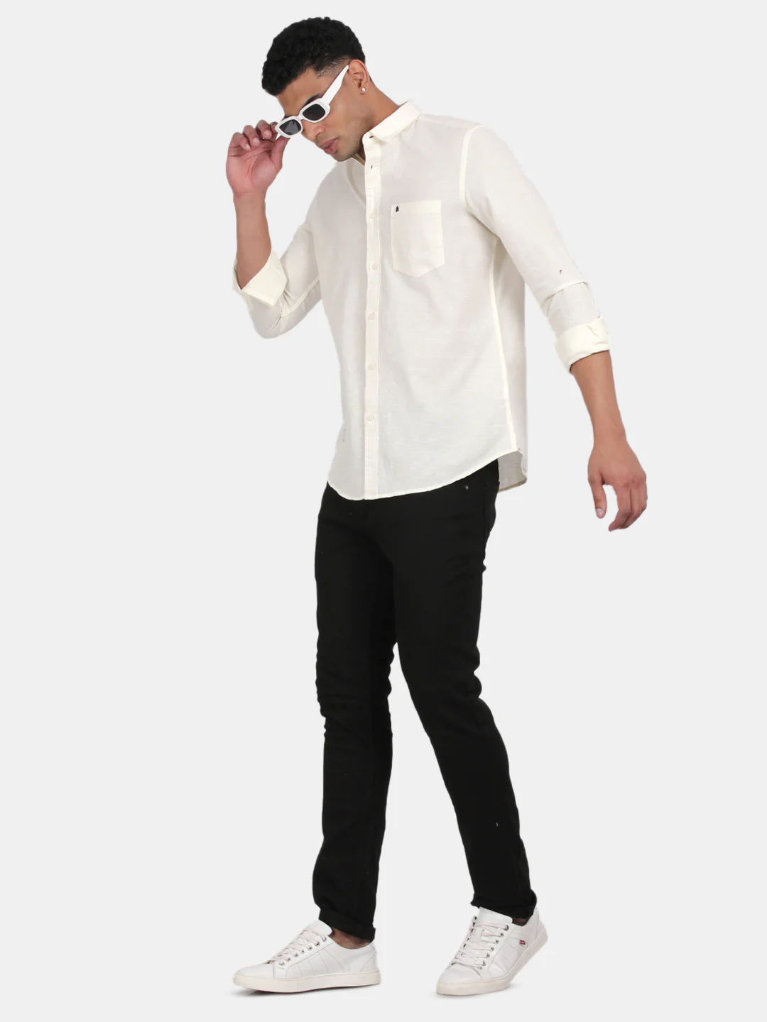 Men Light cream Slim Fit Spread Collar Full Sleeve Casual Shirt - Image 5