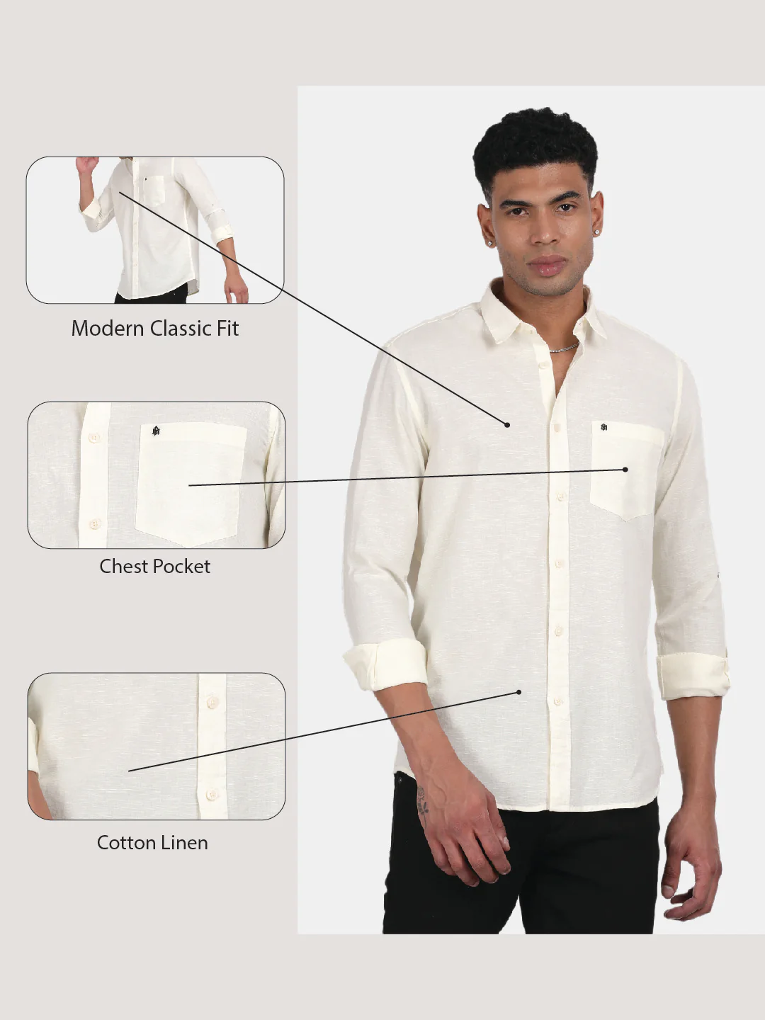 Men Light cream Slim Fit Spread Collar Full Sleeve Casual Shirt - Image 6