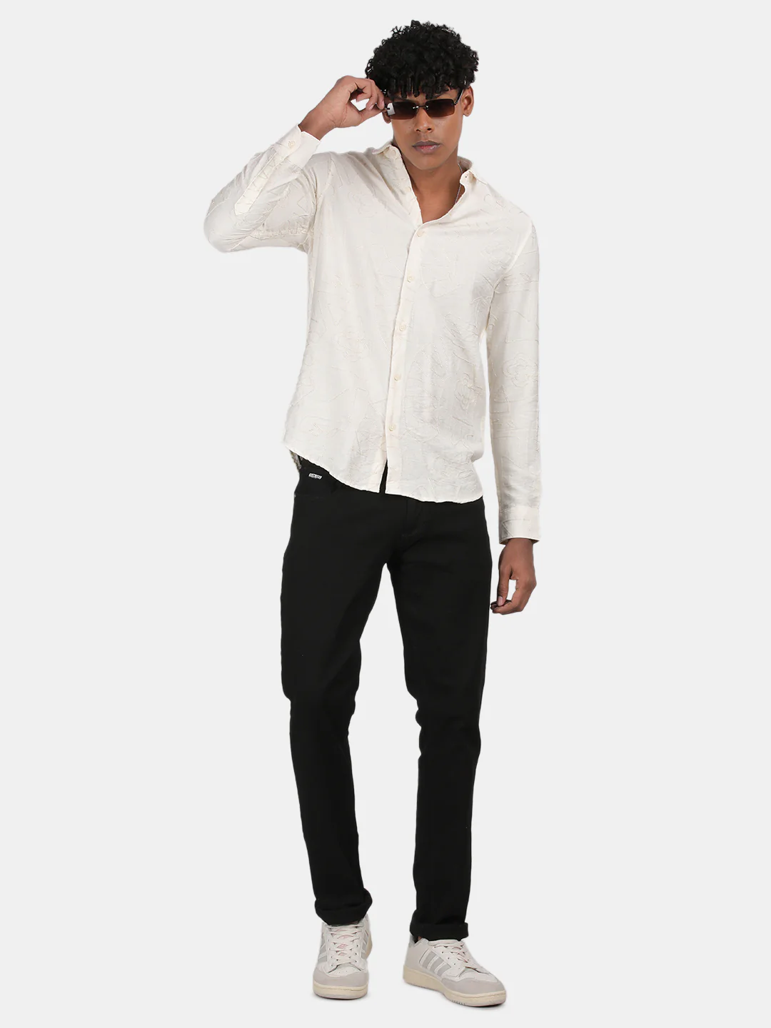 Men Light Cream Slim Fit Spread Collar Full Sleeve Casual Shirt - Image 3