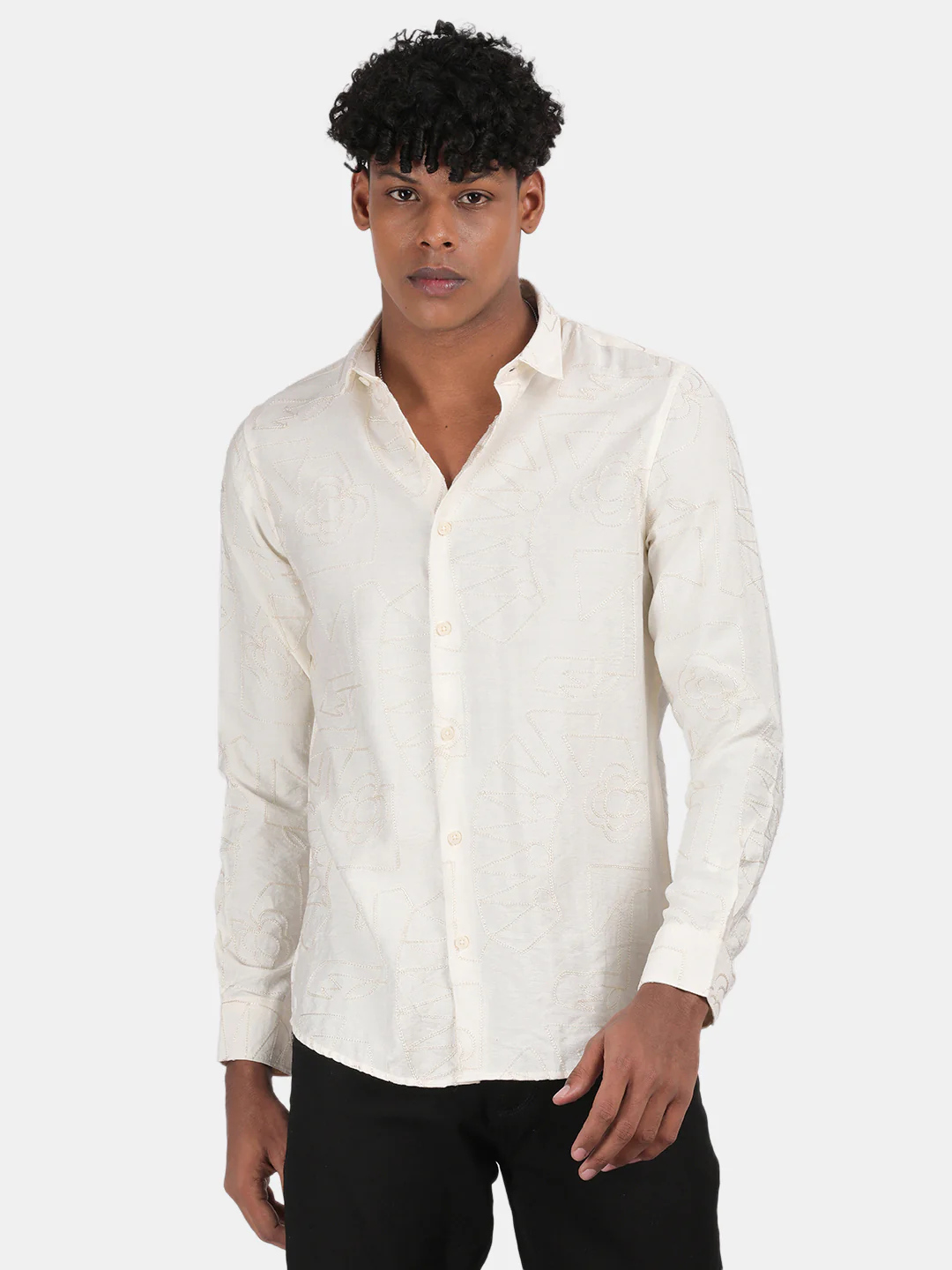 Men Light Cream Slim Fit Spread Collar Full Sleeve Casual Shirt - Image 4