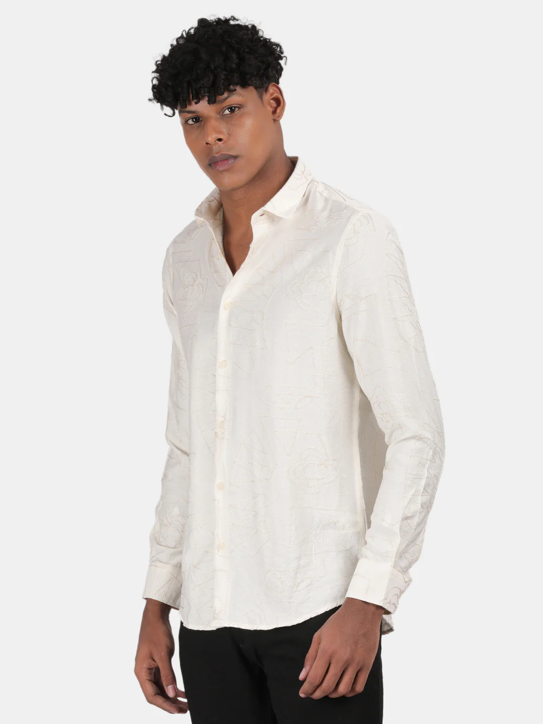 Men Light Cream Slim Fit Spread Collar Full Sleeve Casual Shirt - Image 5