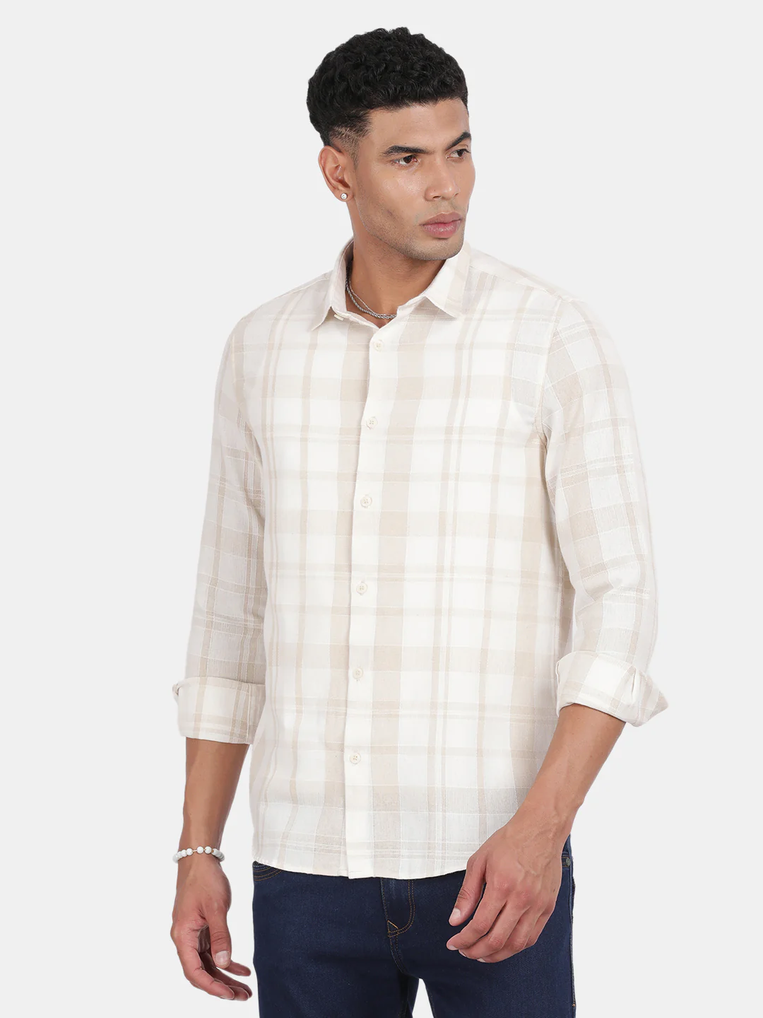Men Light cream Slim Fit Spread Collar Full Sleeve Casual Shirt - Image 4