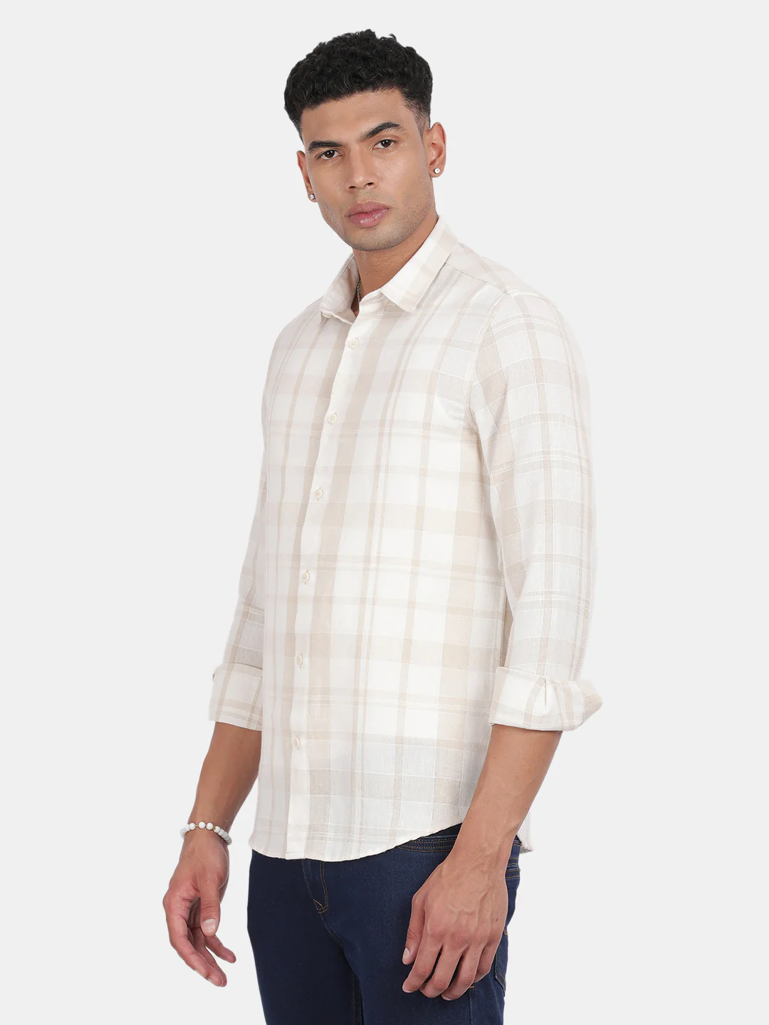 Men Light cream Slim Fit Spread Collar Full Sleeve Casual Shirt - Image 5