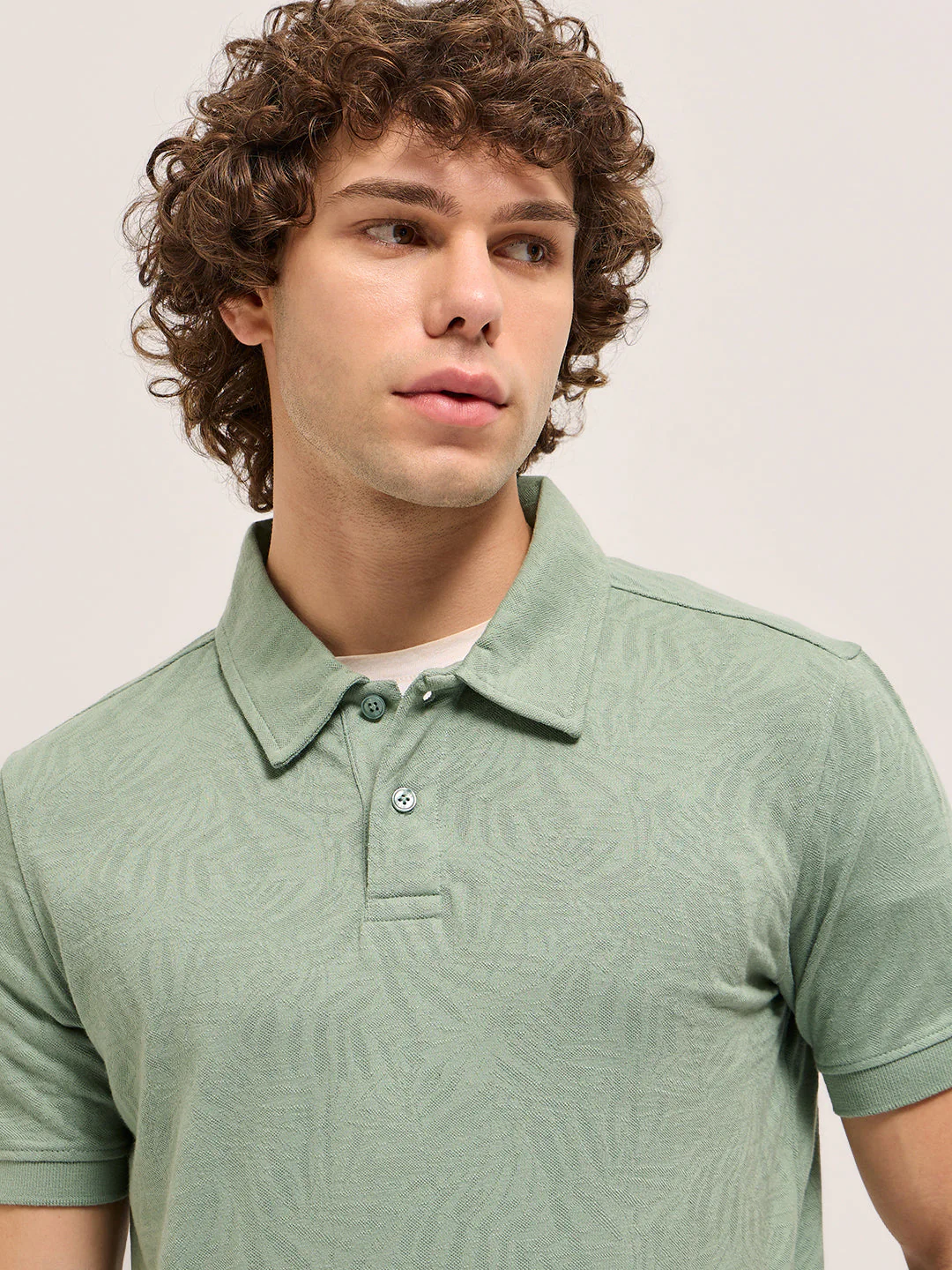 Men Light Green Abstract Leaf Texture Design Slim Fit Polo - Image 3