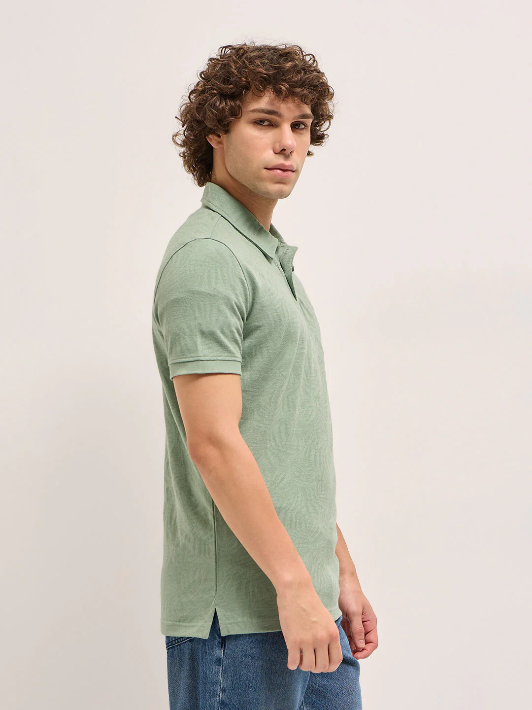 Men Light Green Abstract Leaf Texture Design Slim Fit Polo - Image 4