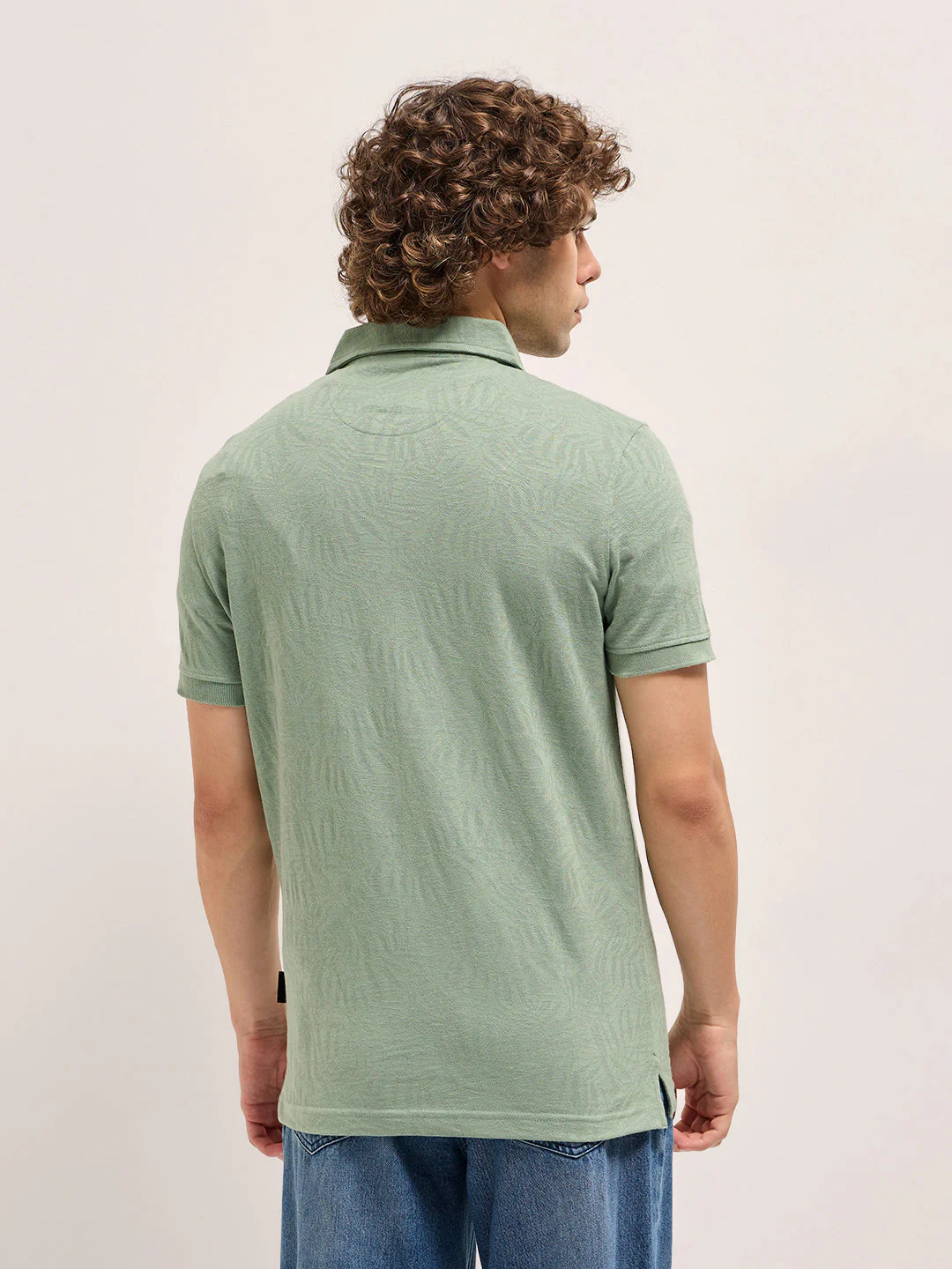 Men Light Green Abstract Leaf Texture Design Slim Fit Polo - Image 5