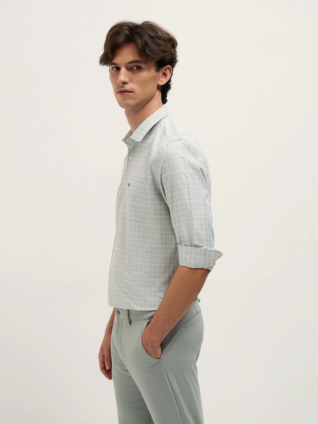 Men Light Green Checked Tailored Fit Formal Shirt. - Image 3