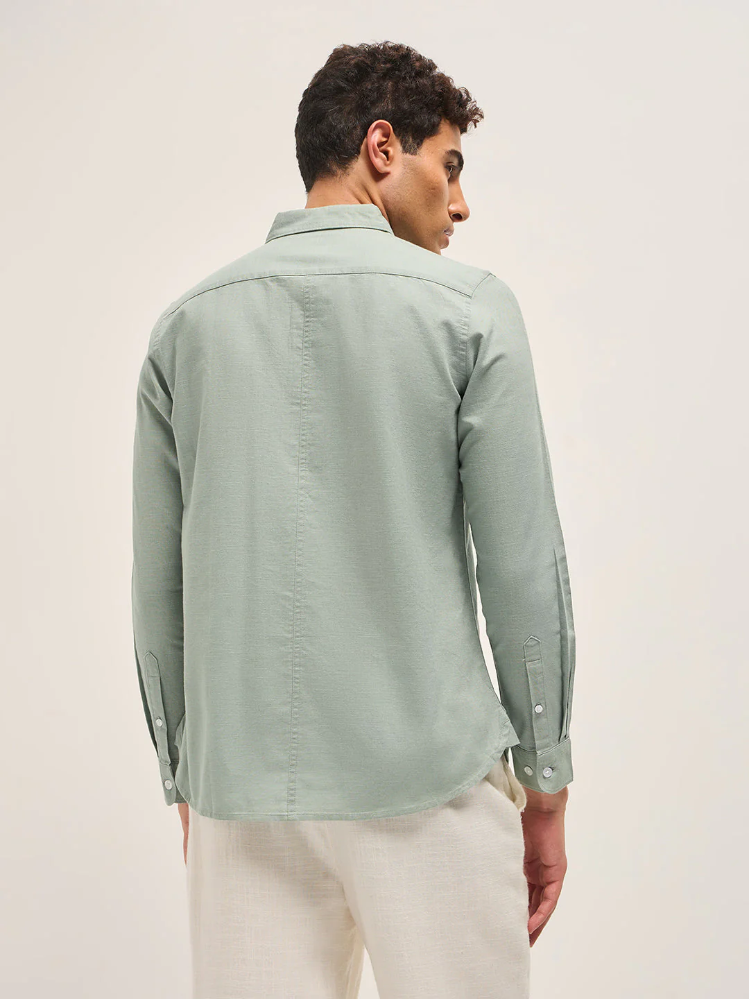 Men Light Green Cotton Linen Slim Fit Solid Casual Shirt - Image 2