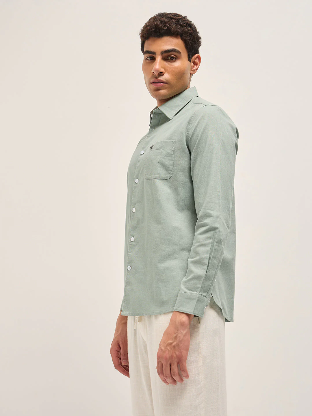 Men Light Green Cotton Linen Slim Fit Solid Casual Shirt - Image 3