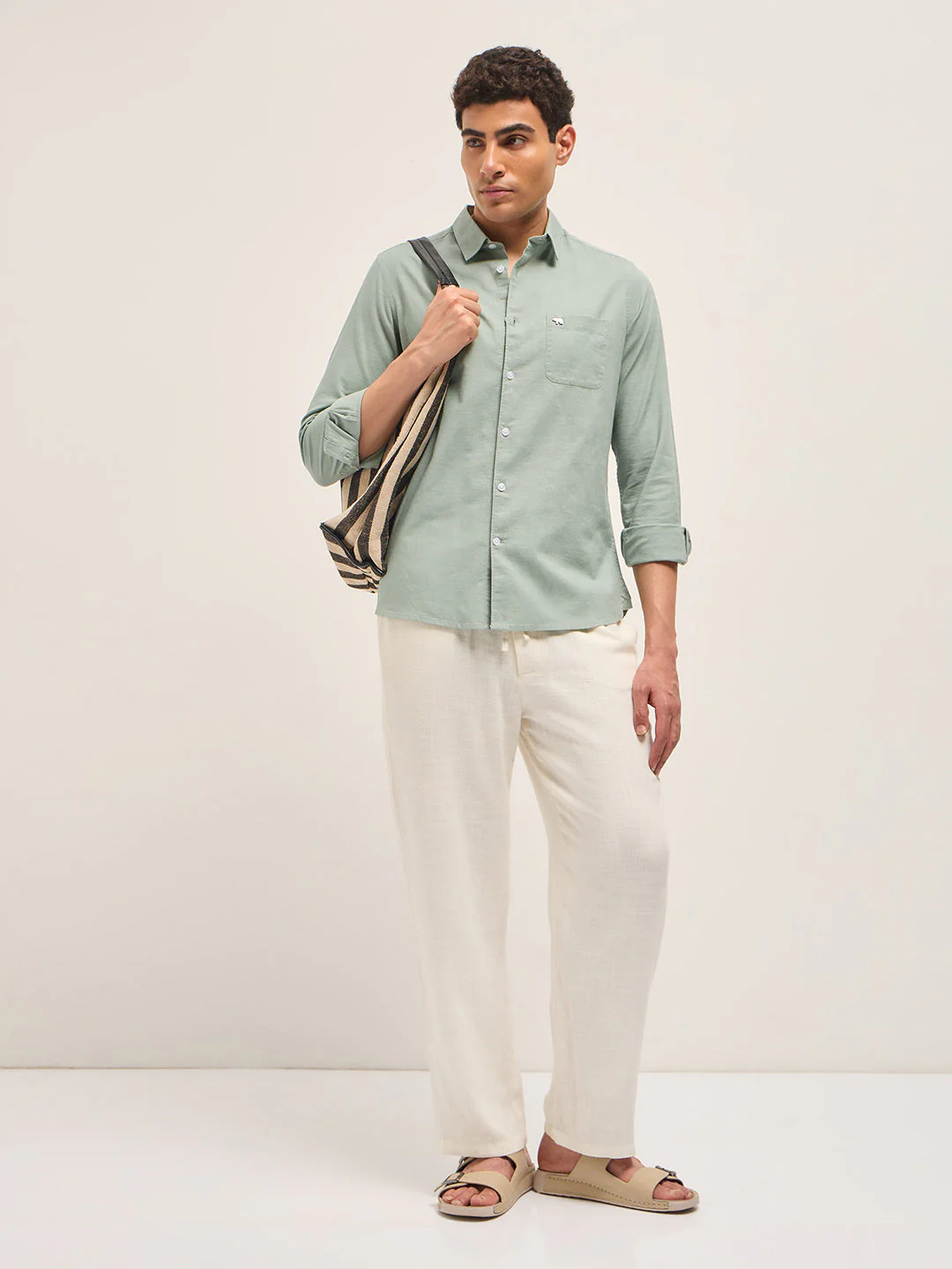 Men Light Green Cotton Linen Slim Fit Solid Casual Shirt - Image 4
