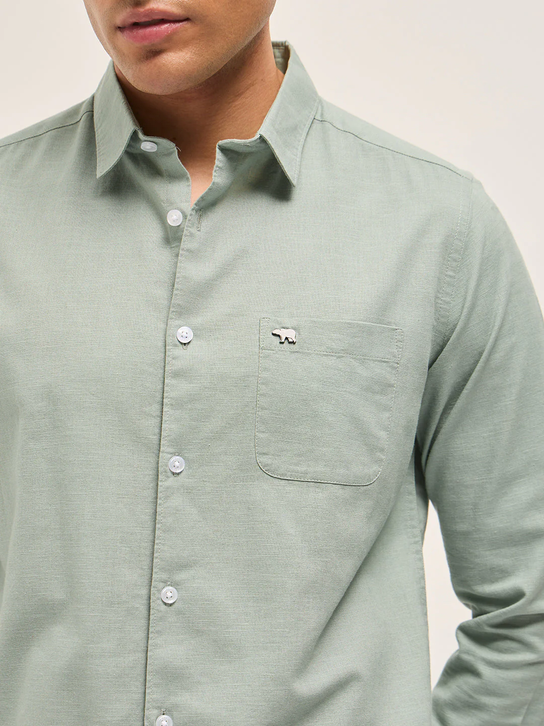 Men Light Green Cotton Linen Slim Fit Solid Casual Shirt - Image 5
