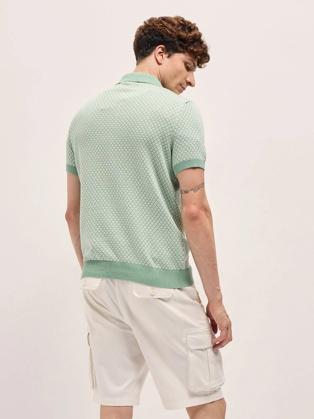 Men Light Green Geometric textured Knit Slim Fit Polo - Image 2