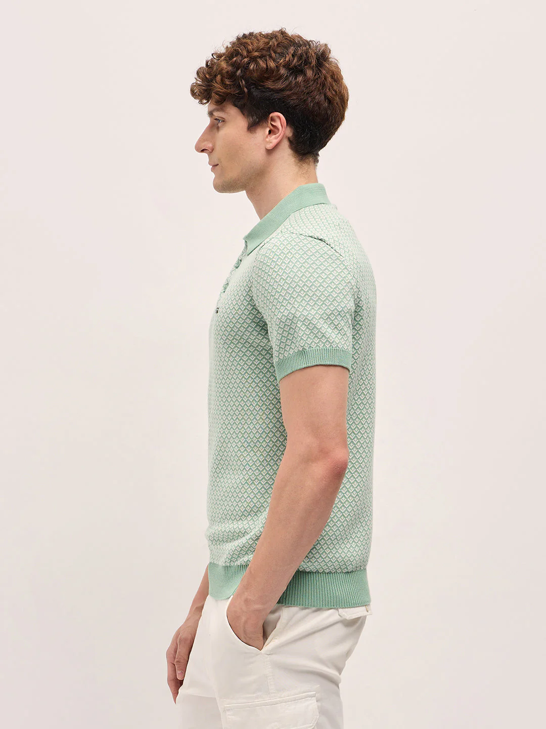 Men Light Green Geometric textured Knit Slim Fit Polo - Image 3