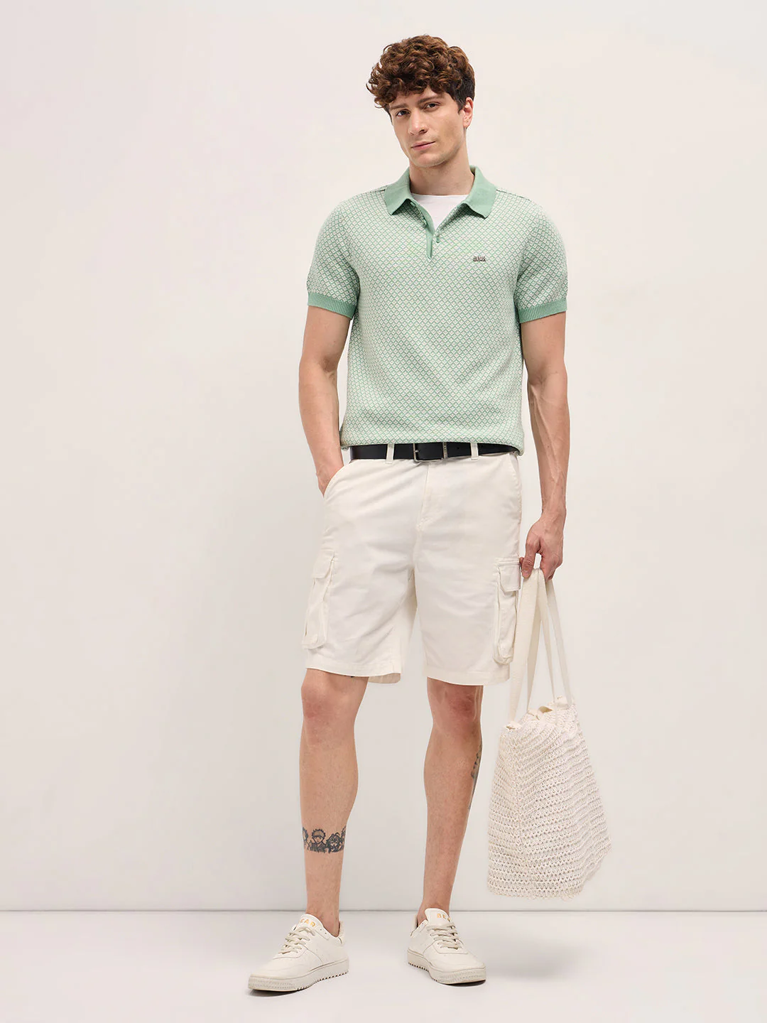 Men Light Green Geometric textured Knit Slim Fit Polo - Image 4