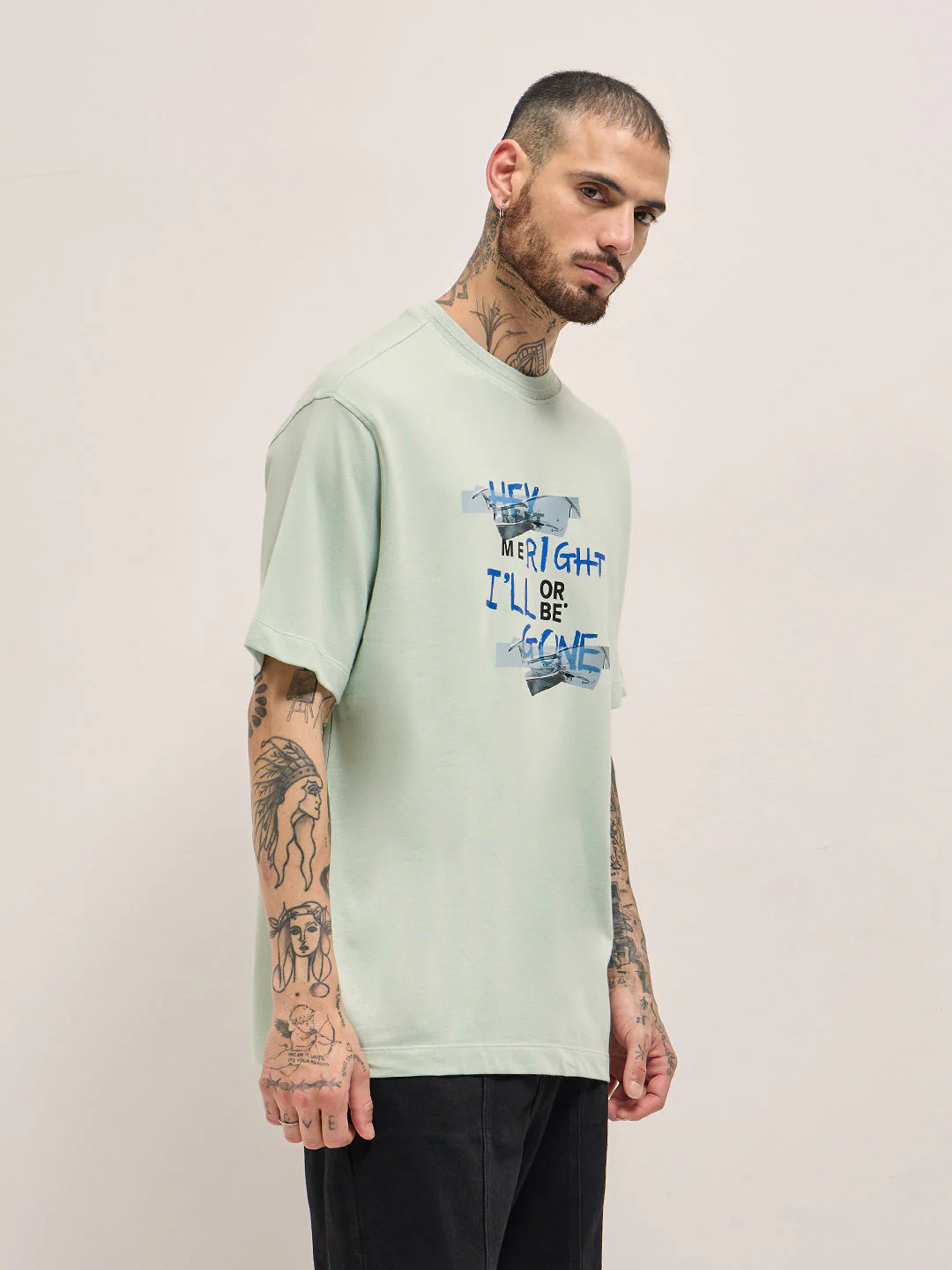 Men Light Green Graphic Print Oversize Crew Neck T-shirt - Image 3