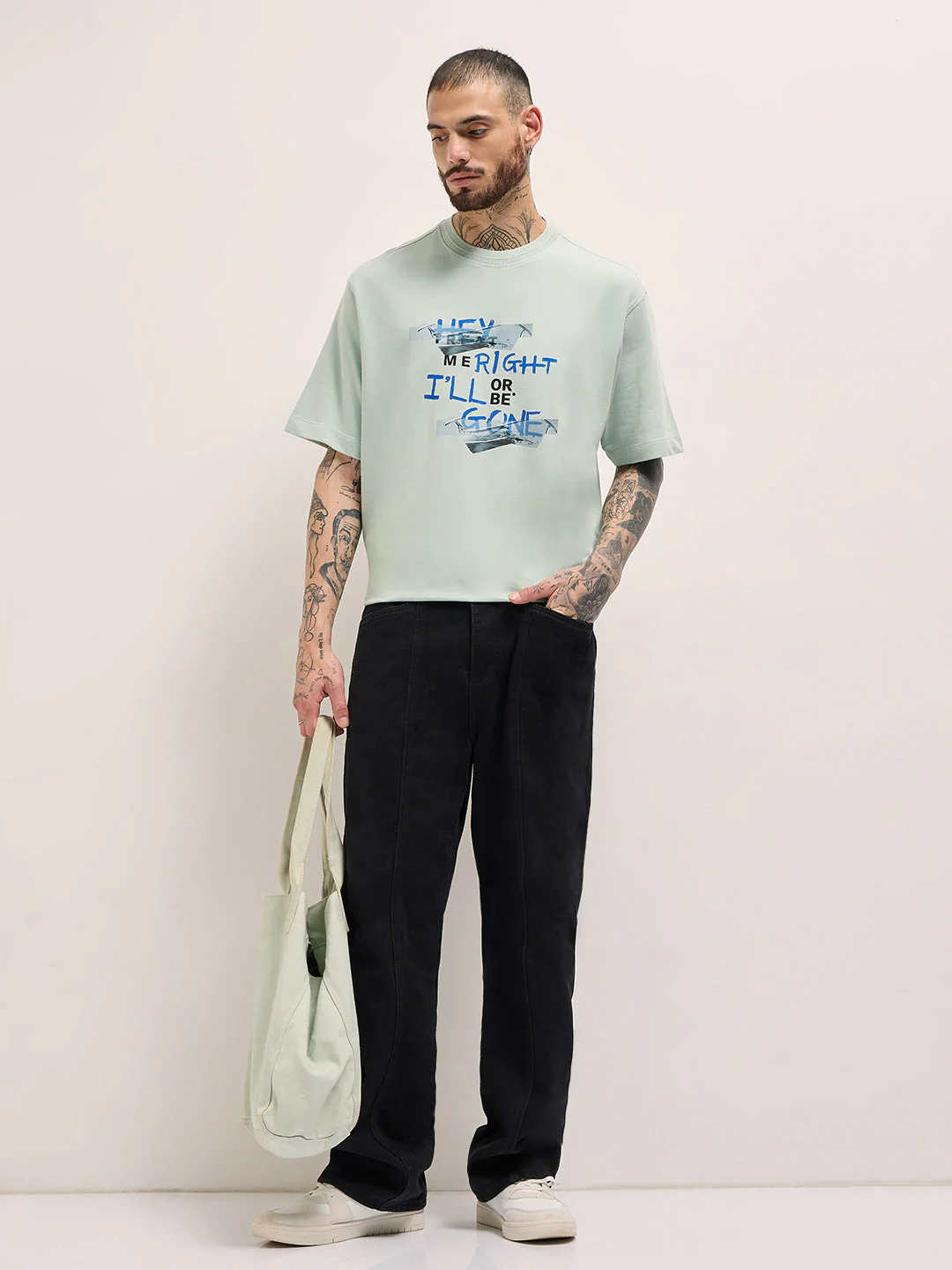 Men Light Green Graphic Print Oversize Crew Neck T-shirt - Image 4