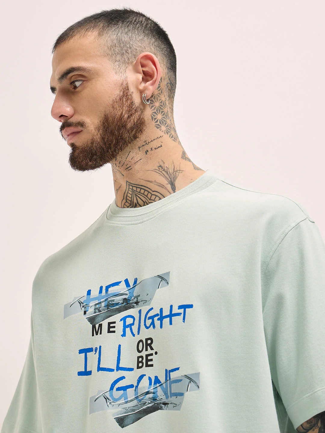 Men Light Green Graphic Print Oversize Crew Neck T-shirt - Image 5