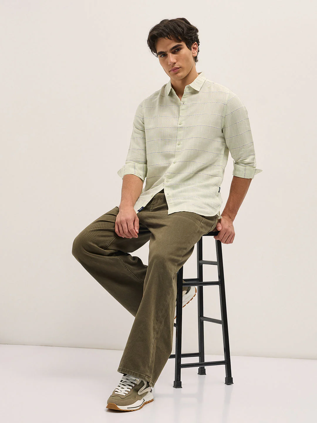 Men Light Green Horizontal Stripes Slim Fit Casual Shirt - Image 4