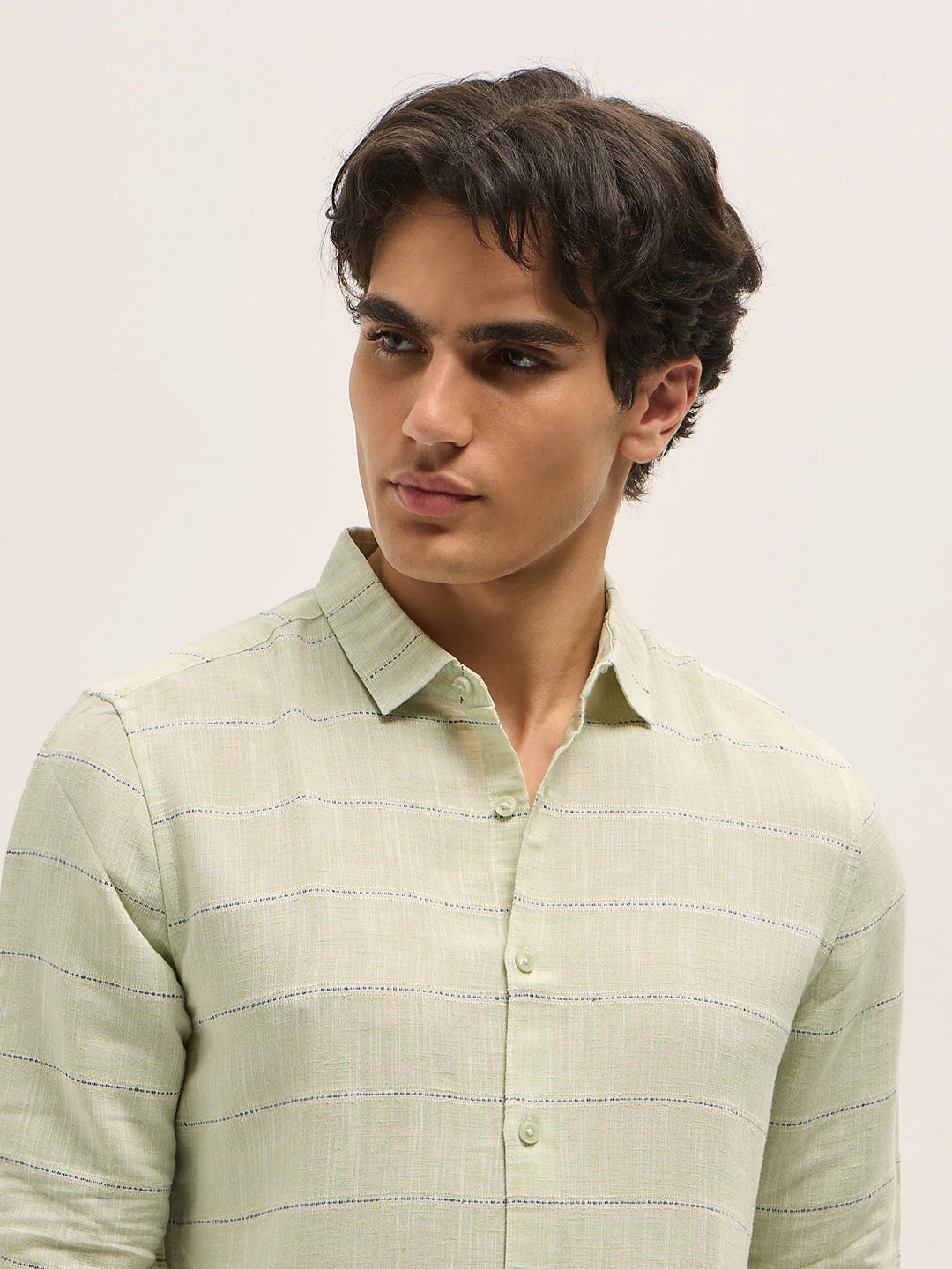 Men Light Green Horizontal Stripes Slim Fit Casual Shirt - Image 5