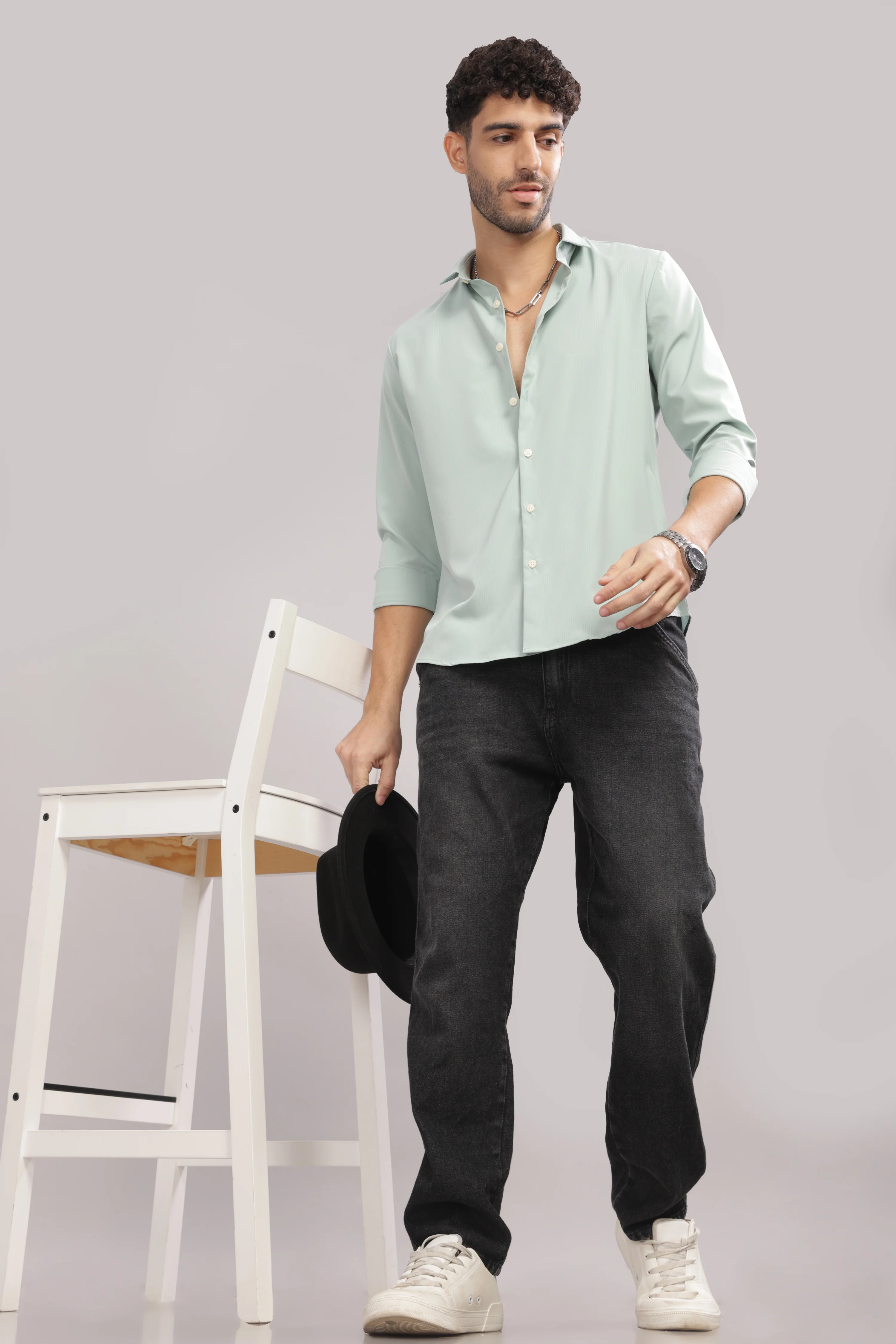 Men Light Green Slim Fit Shirt - Image 3
