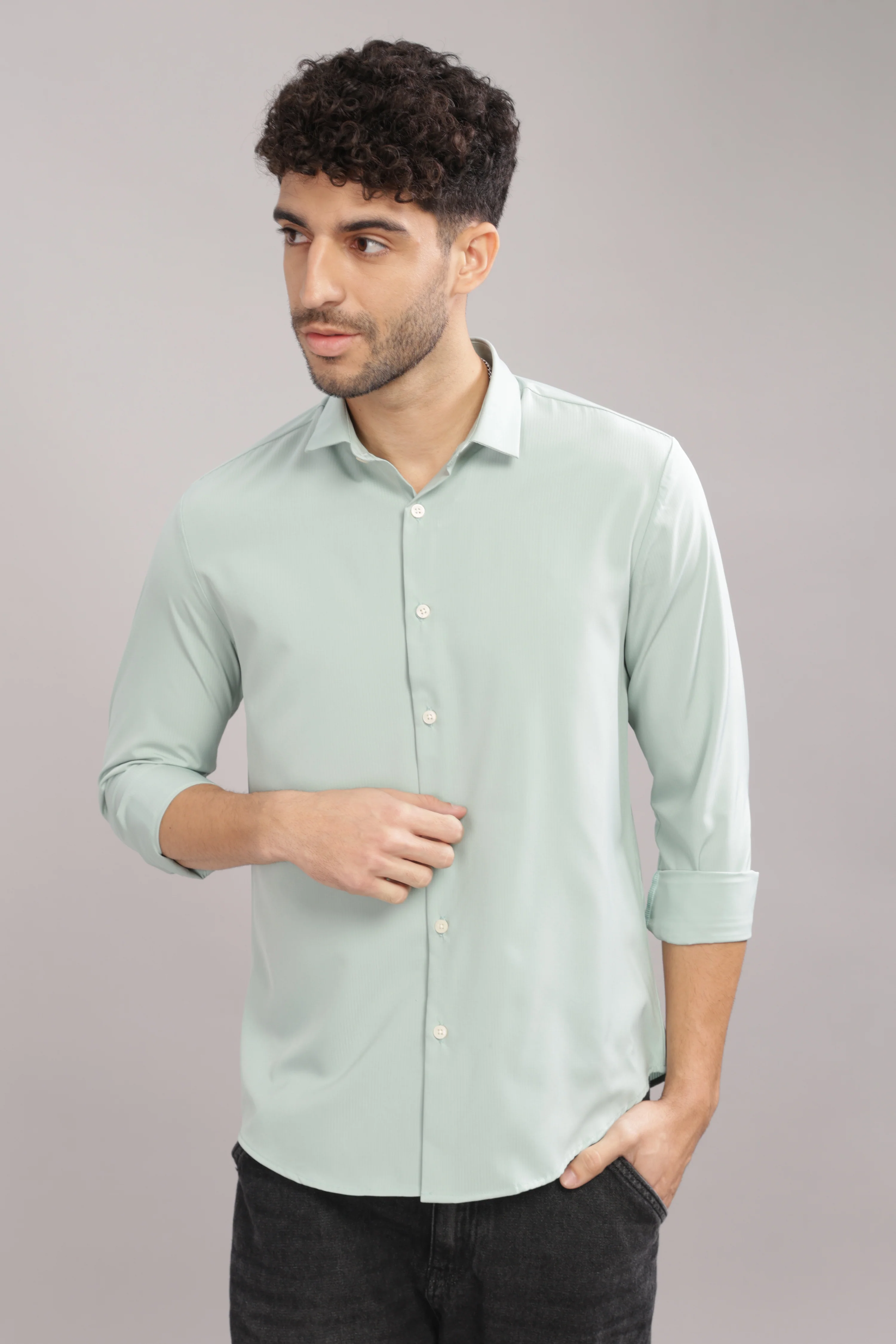Men Light Green Slim Fit Shirt - Image 4