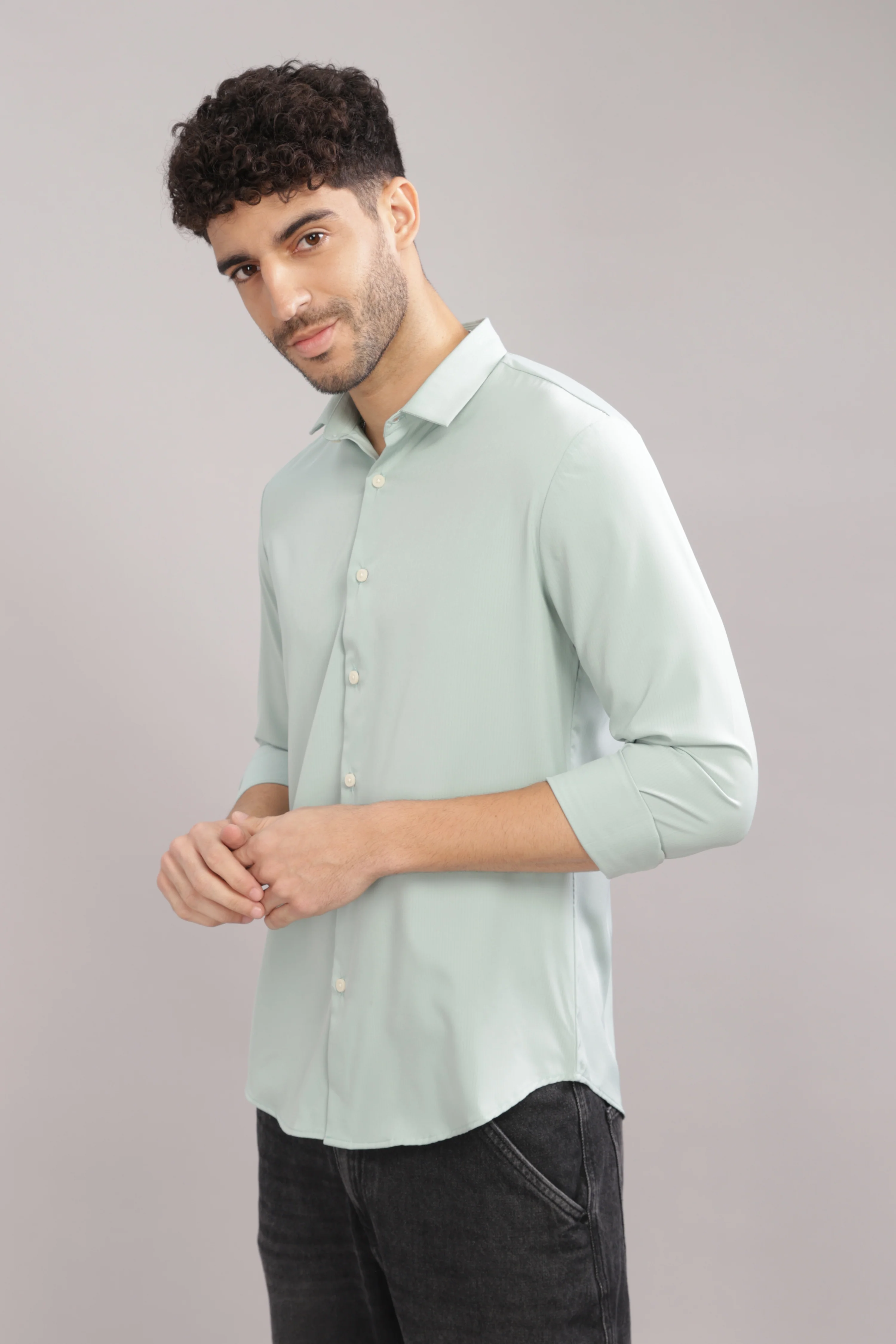 Men Light Green Slim Fit Shirt - Image 5