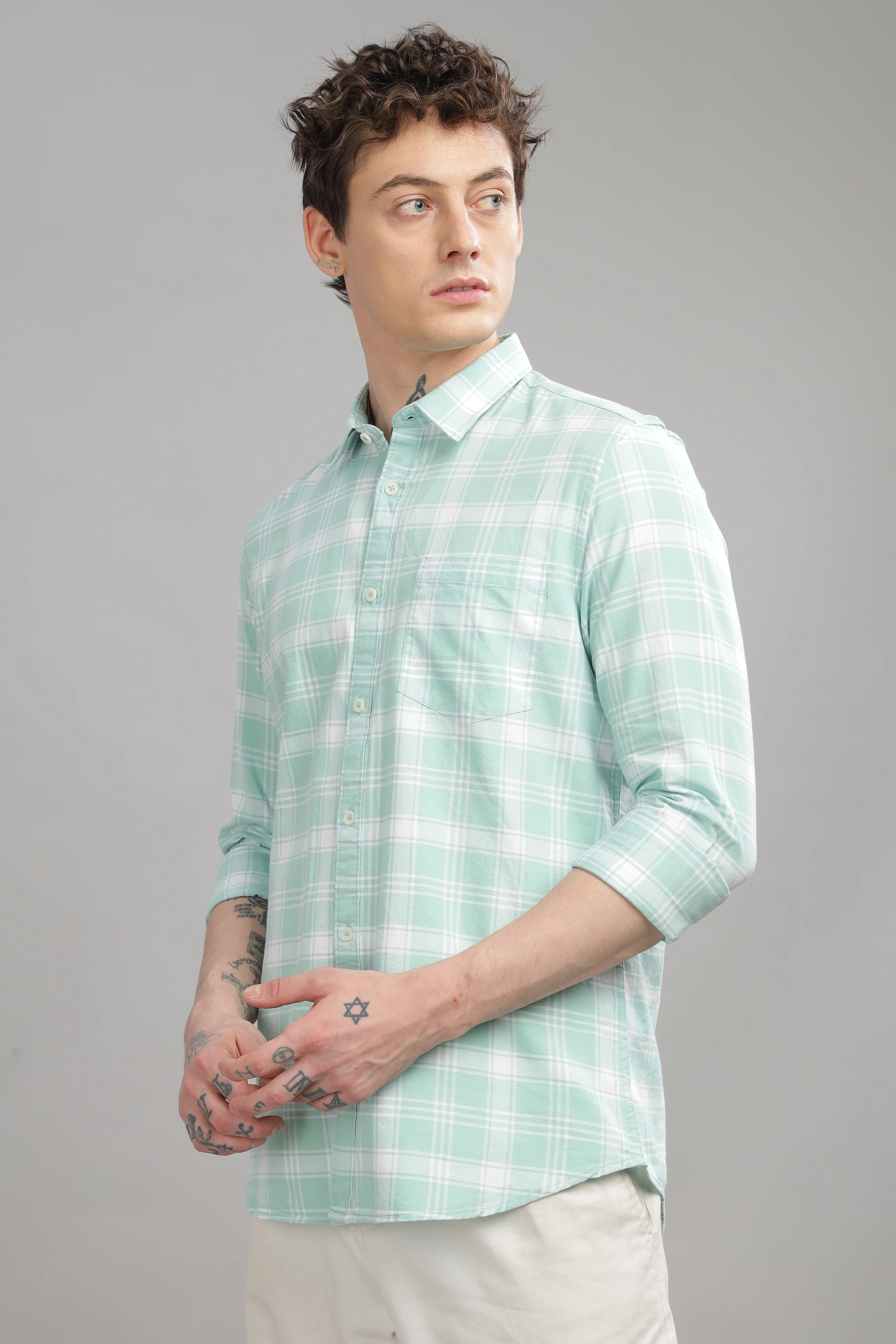 Men Light Green Slim Fit Shirt - Image 3