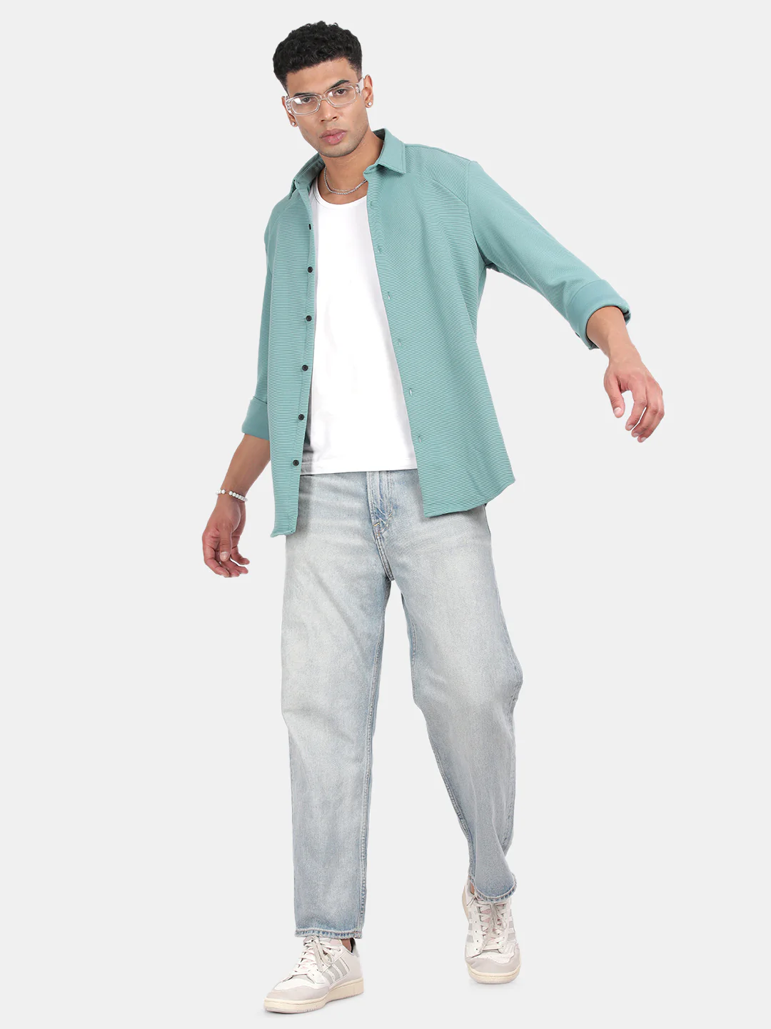 Men Light Green Slim Fit Spread Collar Full Sleeve Casual Shirt - Image 3