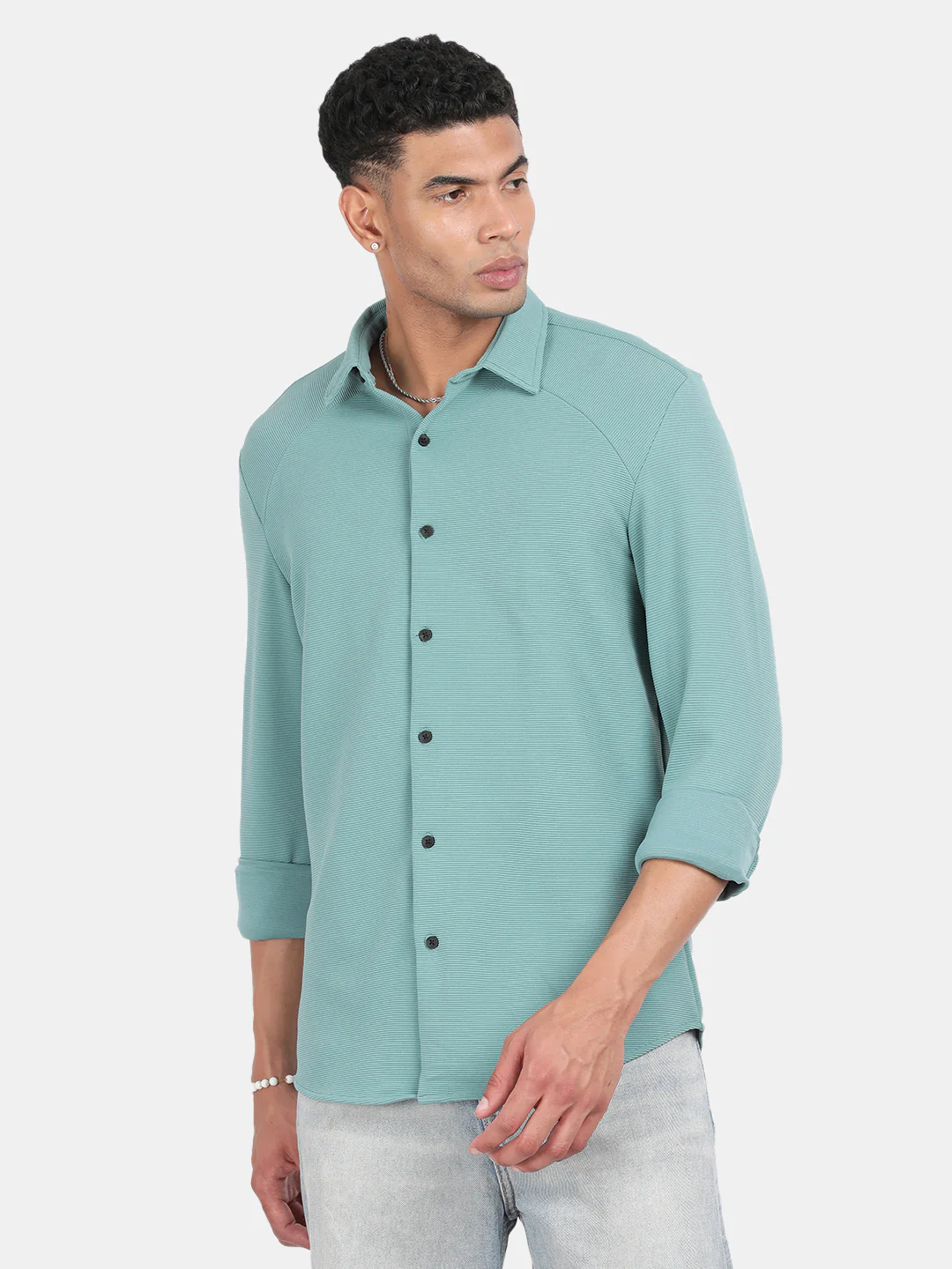 Men Light Green Slim Fit Spread Collar Full Sleeve Casual Shirt - Image 4