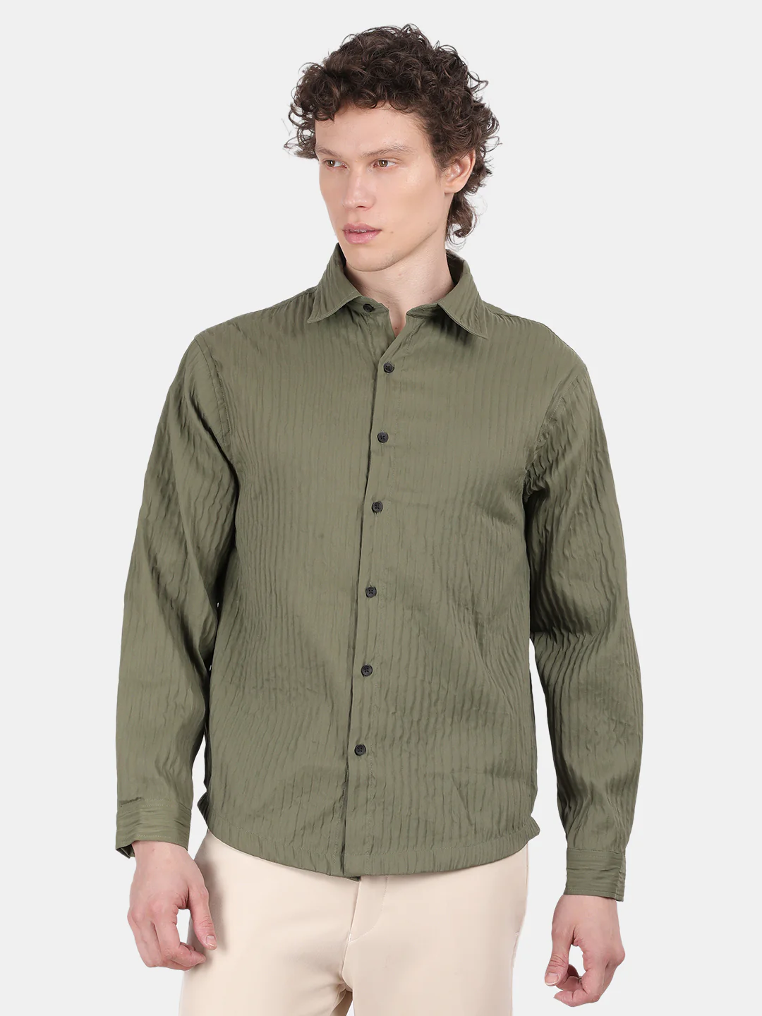 Men Light Green Slim Fit Spread Collar Full Sleeve Casual Shirt - Image 4