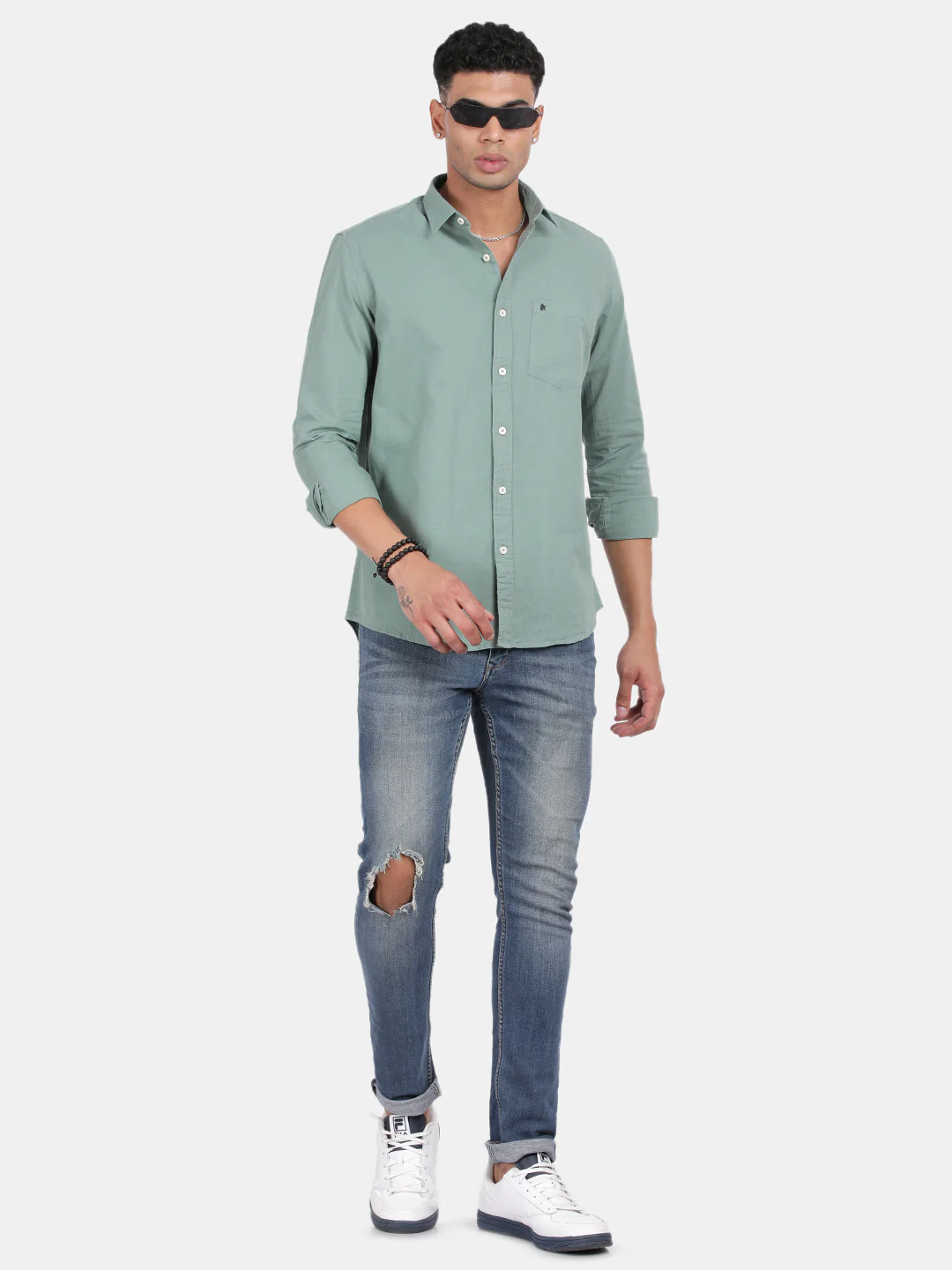 Men Light Green Slim Fit Spread Collar Full Sleeve Casual Shirt - Image 3
