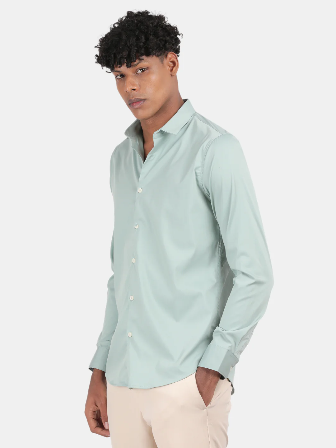 Men Light Green Slim Fit Spread Collar Full Sleeve Casual Shirt - Image 5
